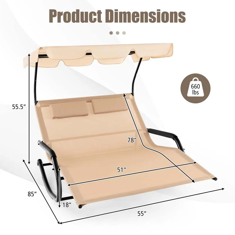 Eletriclife Outdoor 2 Persons Rocking Chaise Lounge with Canopy and Wheels