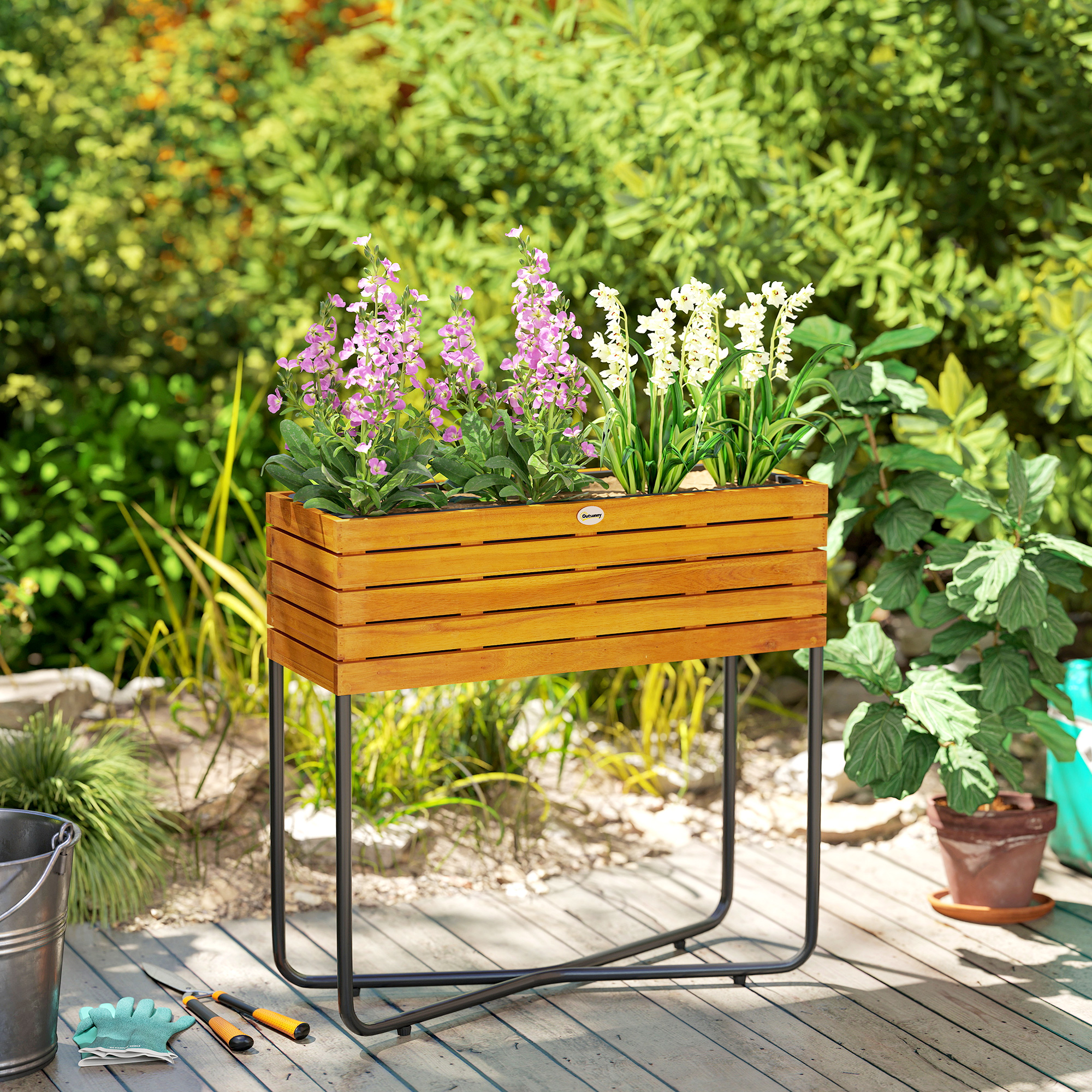 Outsunny Blumenkasten auf Beinen rechteckig mit Drainagelöchern aus Akazienholz 62 x 22,5 x 61 cm Naturholzoptik