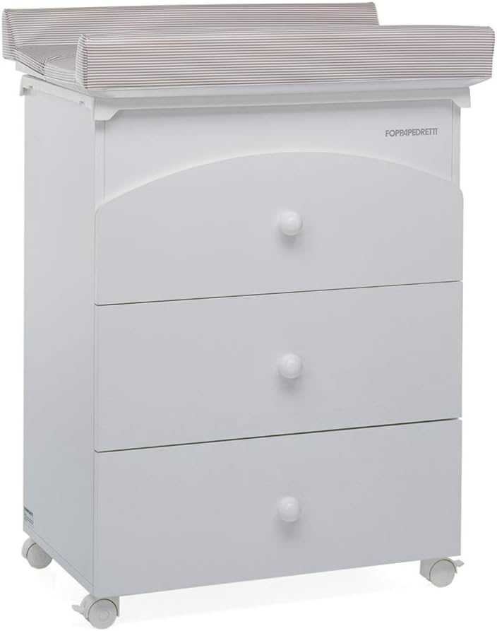Foppapedretti Bagnetto Fasciatoio IlBagnetto, Legno, Made in Italy, 3 Cassetti, Piano Fasciatoio Ribaltabile, Vaschetta Anatomica Estraibile, 4 ruote, Materissani Incluso, 89x46x69 cm, Bianco