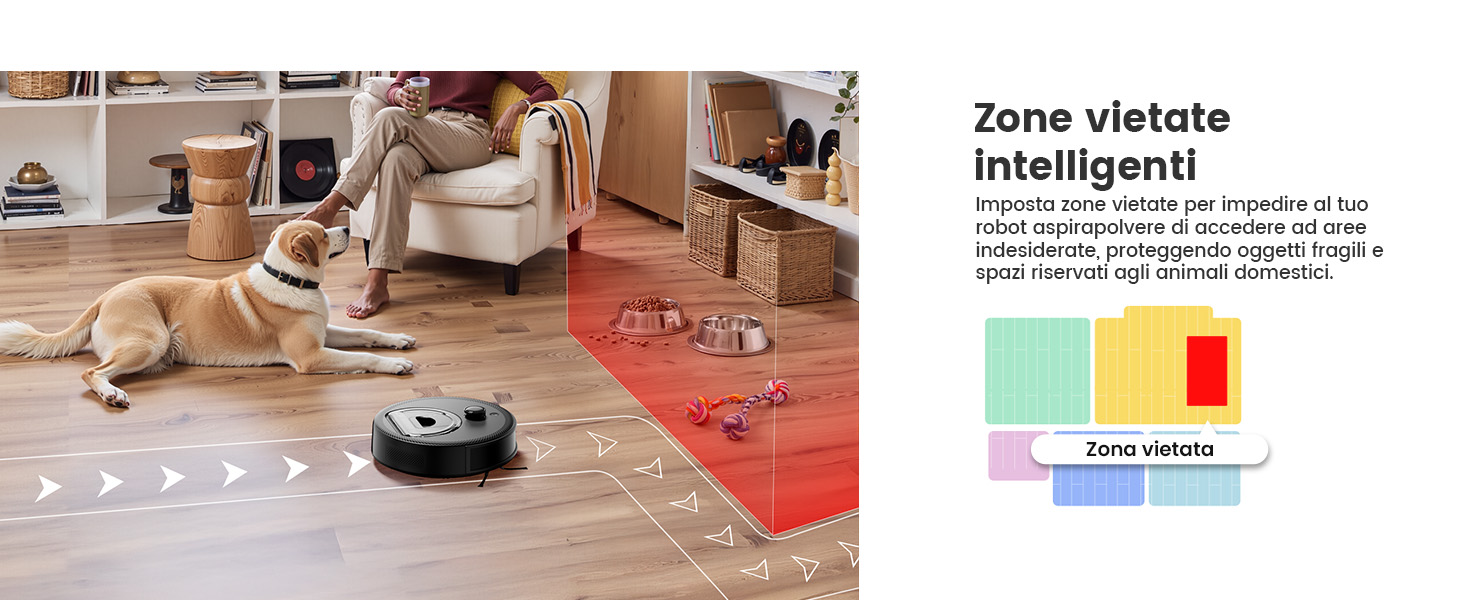 Aspirapolvere robot su pavimento in legno, con zona rossa evidenziata. Cane sdraiato nelle vicinanze. Scaffale sullo sfondo. Diagramma che mostra le zone di pulizia codificate a colori