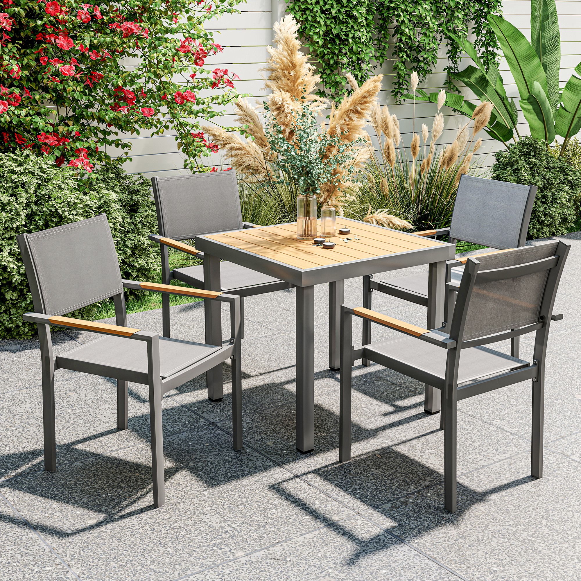 Outsunny Set mit 4 Gartenstühlen, Esszimmerstühle mit Holzoptik Armlehnen Aluminiumgestell, Hellgrau
