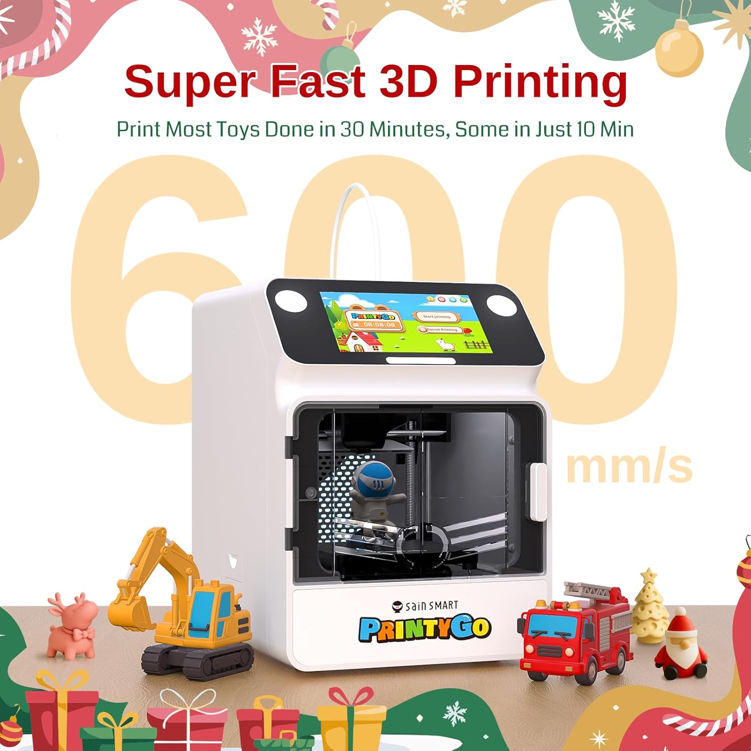 Stampante 3D PrintyGo Mini per bambini, stampante autolivellante da 600 mm/s per principianti con touch screen da 5