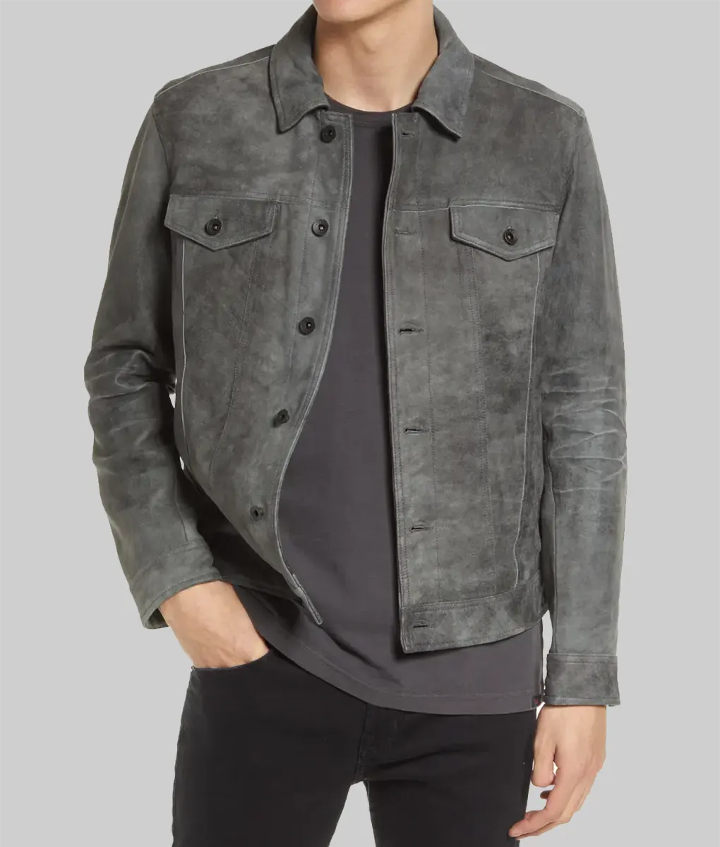 Elliott Distressed Gray Suede Trucker Jacket