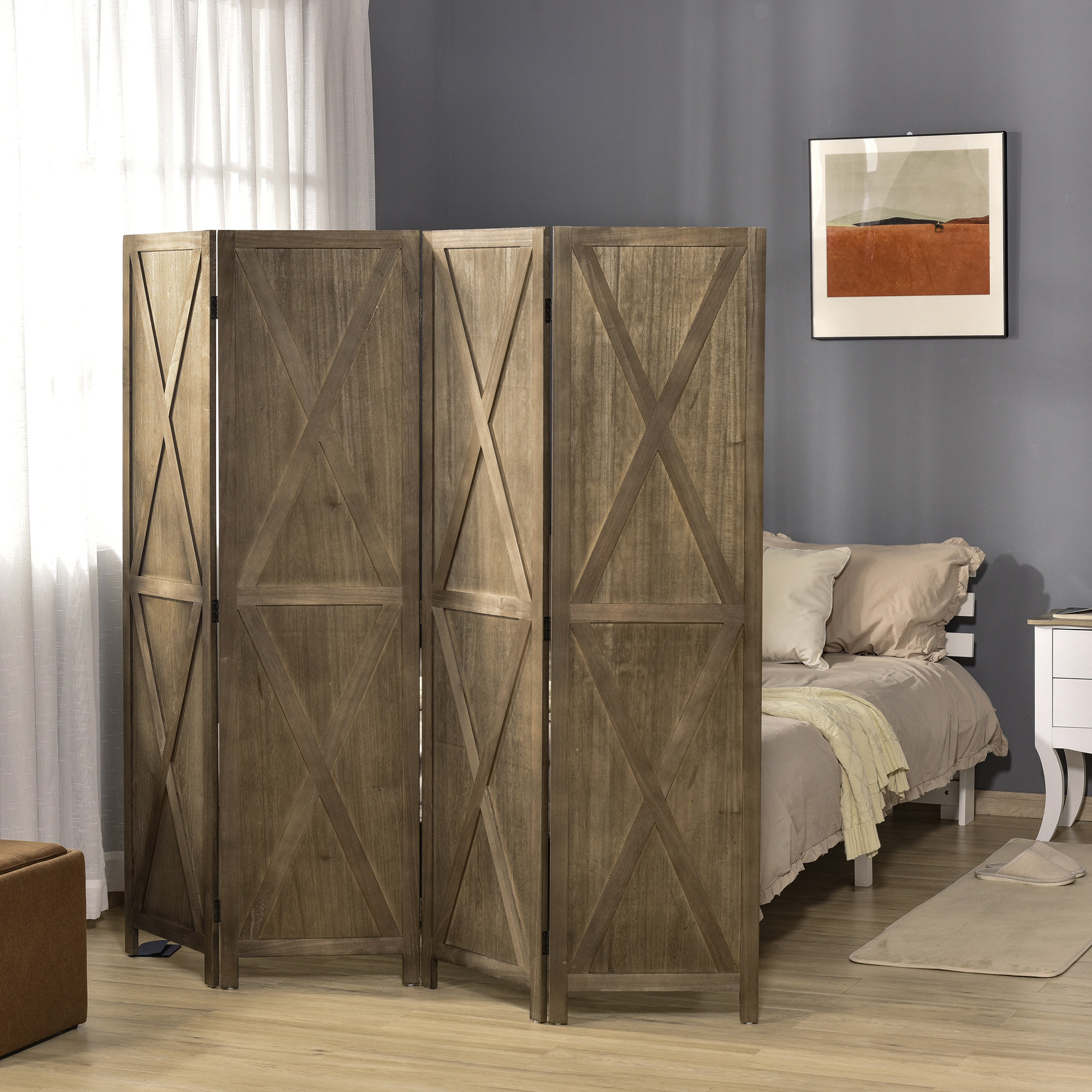 HOMCOM Innenraum-Paravent 4 Paneele 182L x 170H cm Landhausstil Chic - Raumteiler mit Gittern - Paulownia-Holz Braun Grau