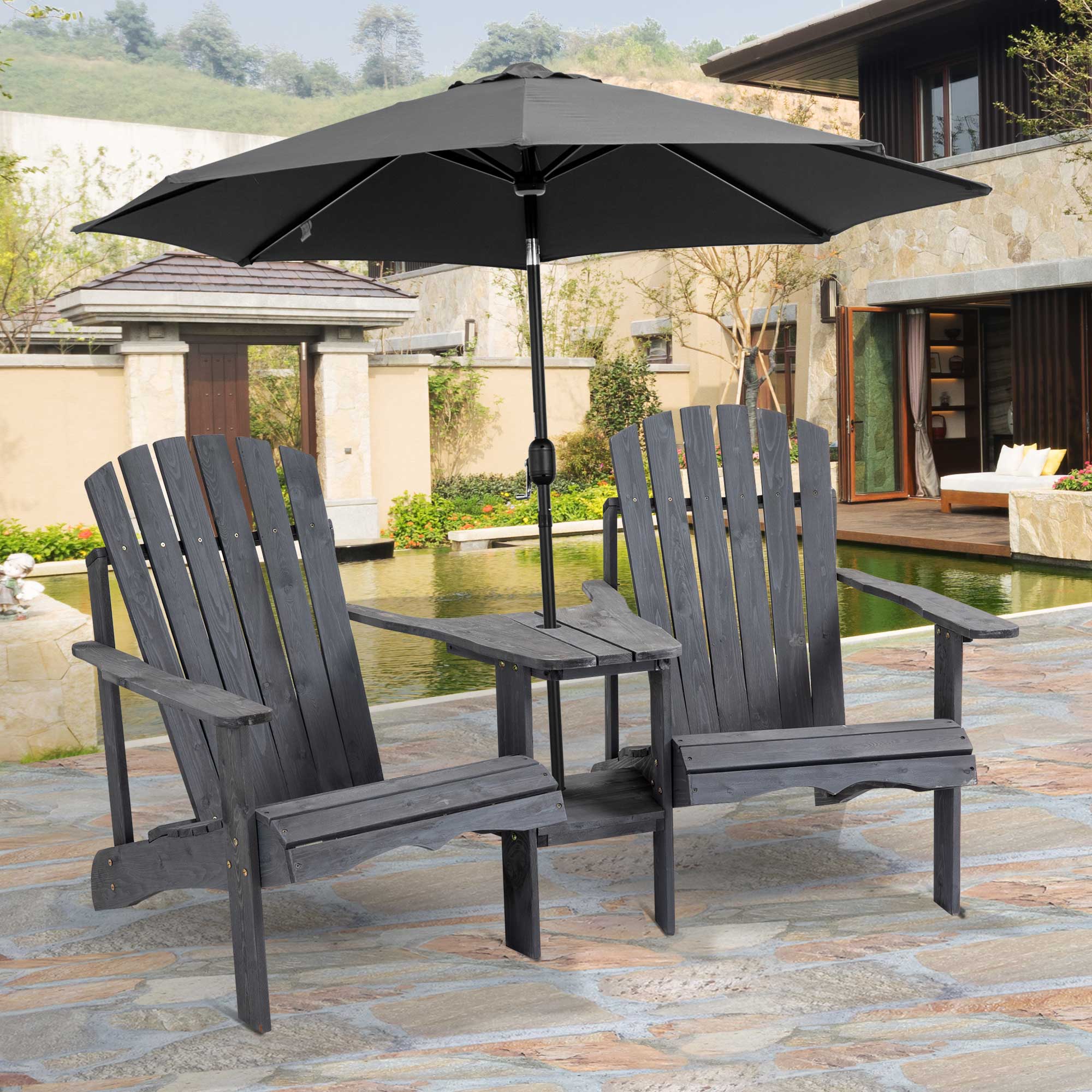 Adirondack tuinstoel met parasolgat tafel 2-zits massief hout grijs