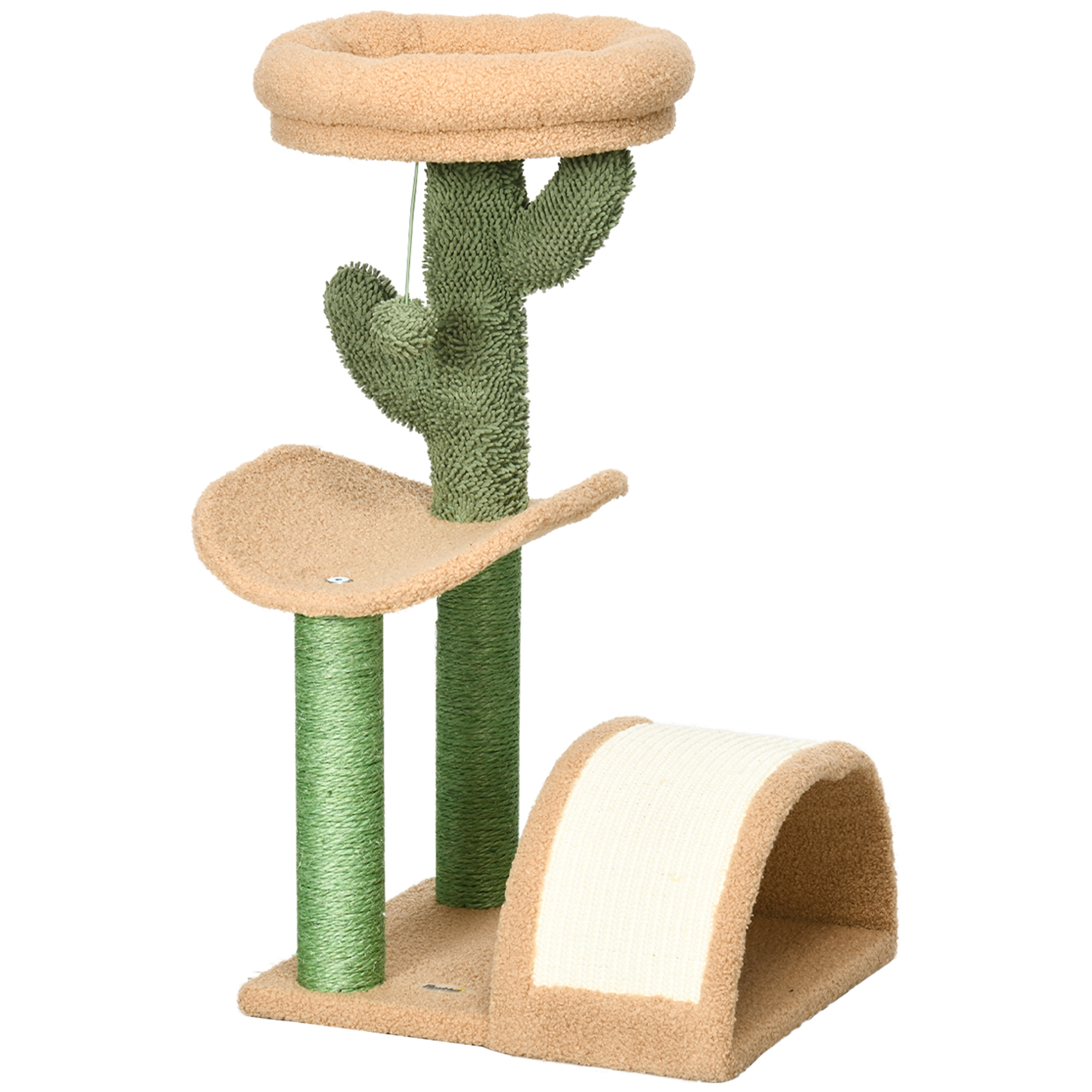 PawHut Kratzbaum für Katzen, Sisalpfosten, Teddy-Samt, Spielball, Kaktus-Design, 72H x 40L x 35B cm
