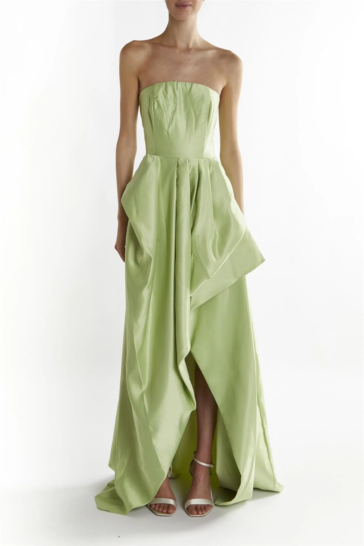 Emma Soft Green Bandeau Neck Hi-Low Hem Maxi Dress