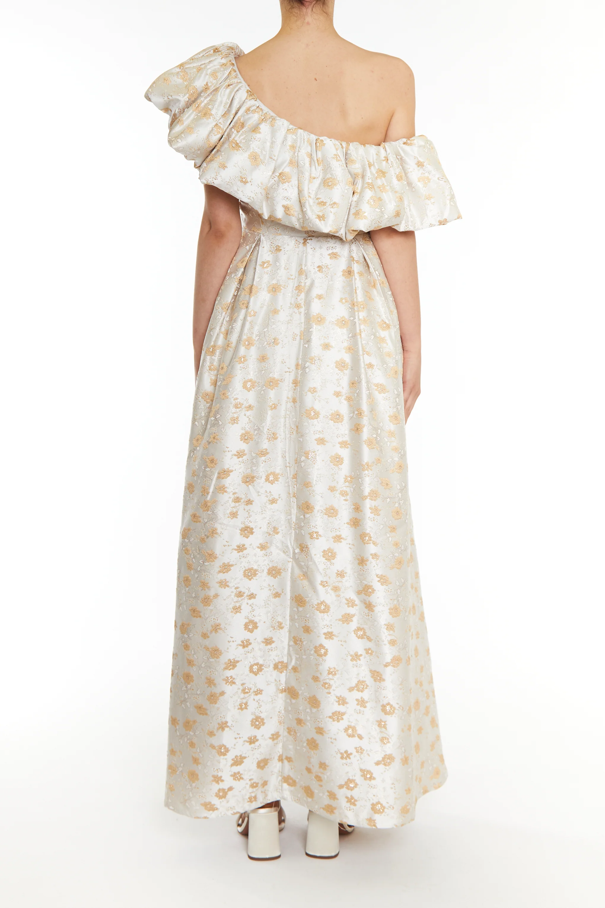 Blake Cream Gold Jacquard Puff One Shoulder Maxi-Dress