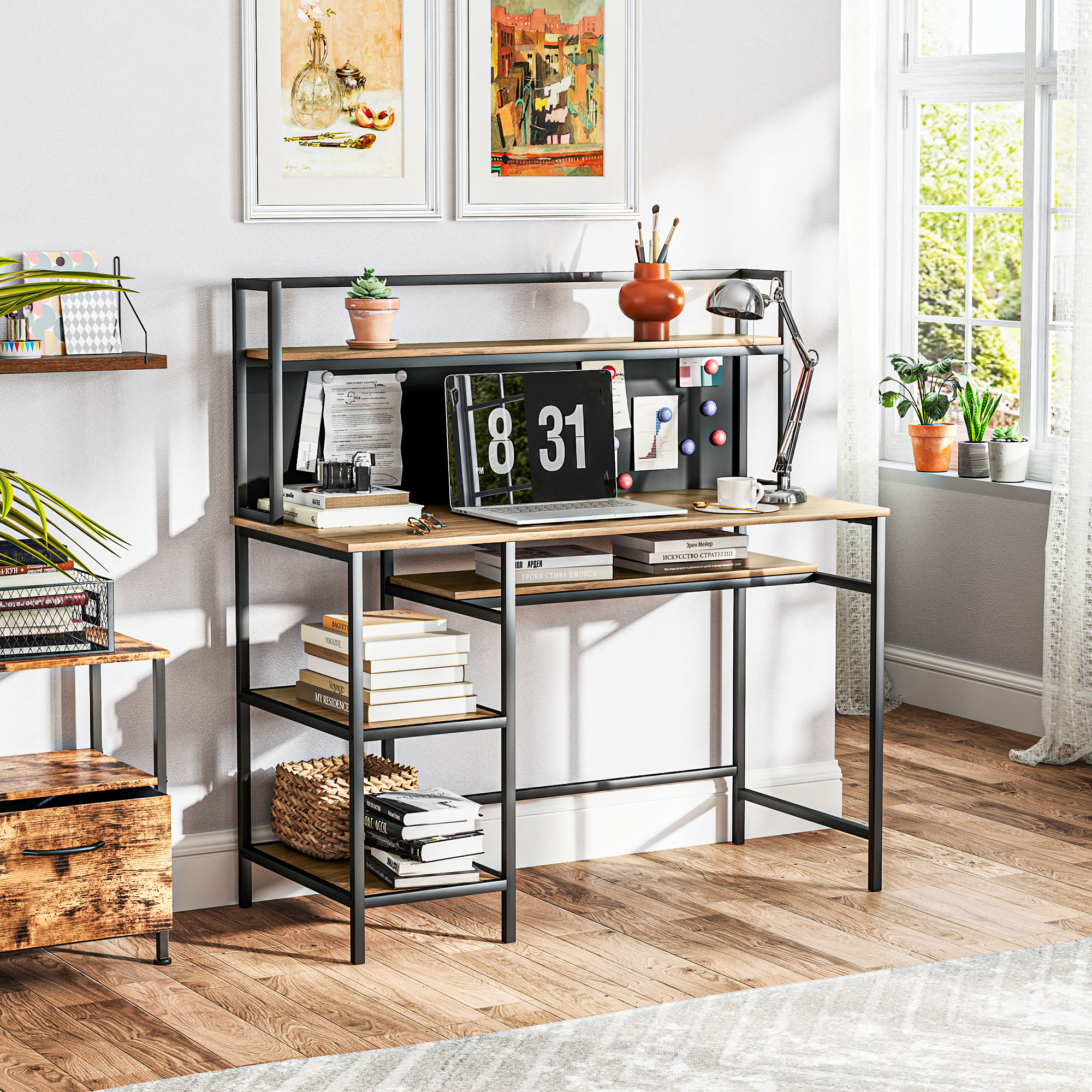 HOMCOM Schreibtisch mit Stauraum, Computer-Schreibtisch mit 4 Regalen, großer Arbeitsplatte und schwarzer Tafel, Braun
