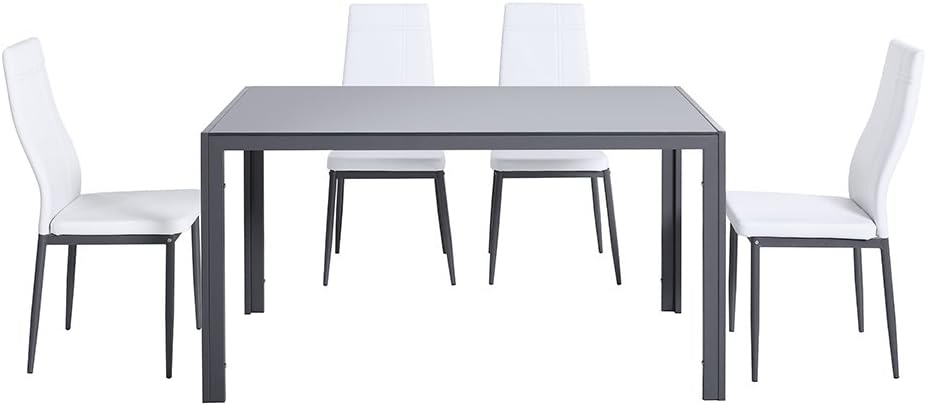 CRIBEL Set Benny/Jolly Tavolo Con 4 Sedie, Seduta In Finta Pelle, Robusto Piano Del Tavolo In Vetro Di Sicurezza, Alluminio, Vetro Temperato, Poliuretano, Bianco/Grigio, 135X80X76 Cm
