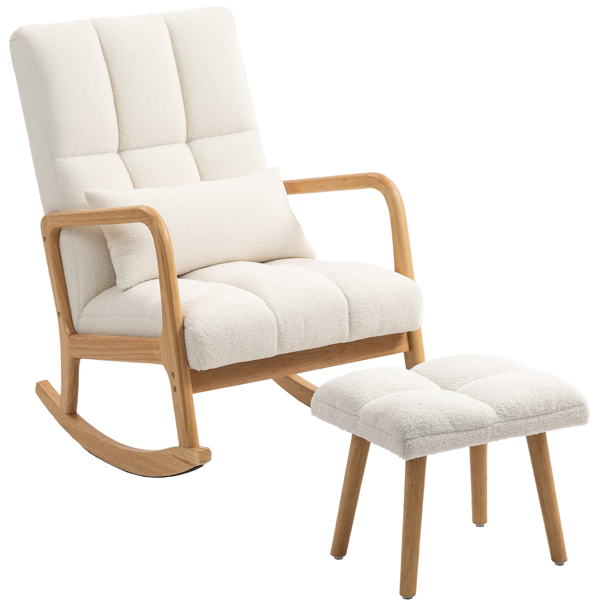 Schommelstoel met Voetensteun, Fleece-Bekleding, Hoge Rugleuning, Houten Poten, Voetpads, Wit