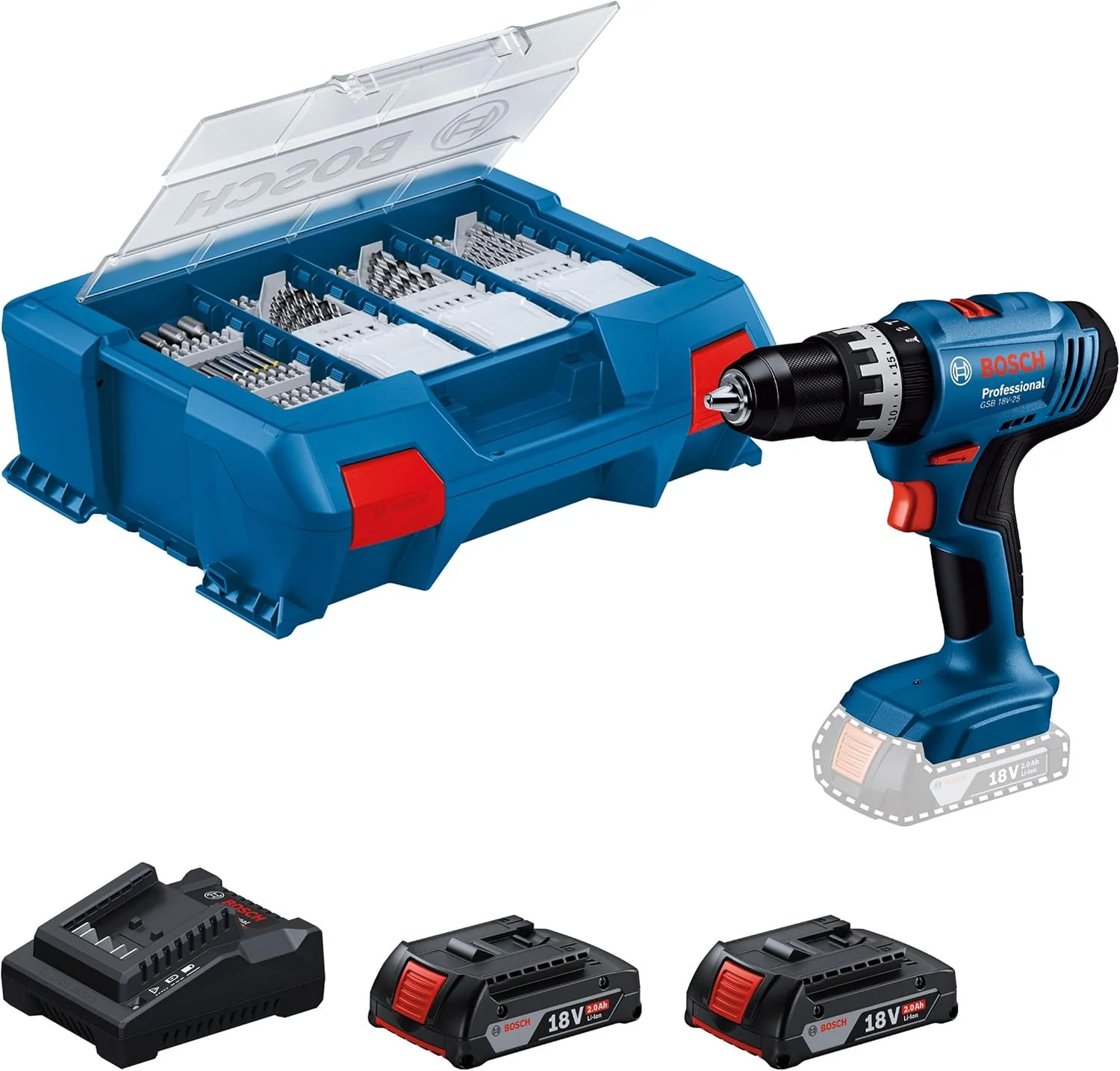 Bosch Professional Akkuschrauber, 2.0 Ah, 10 mm, 18 V, Schwarz, System Akku Schlagbohrschrauber GSB -25 (max. Schrauben-Ø