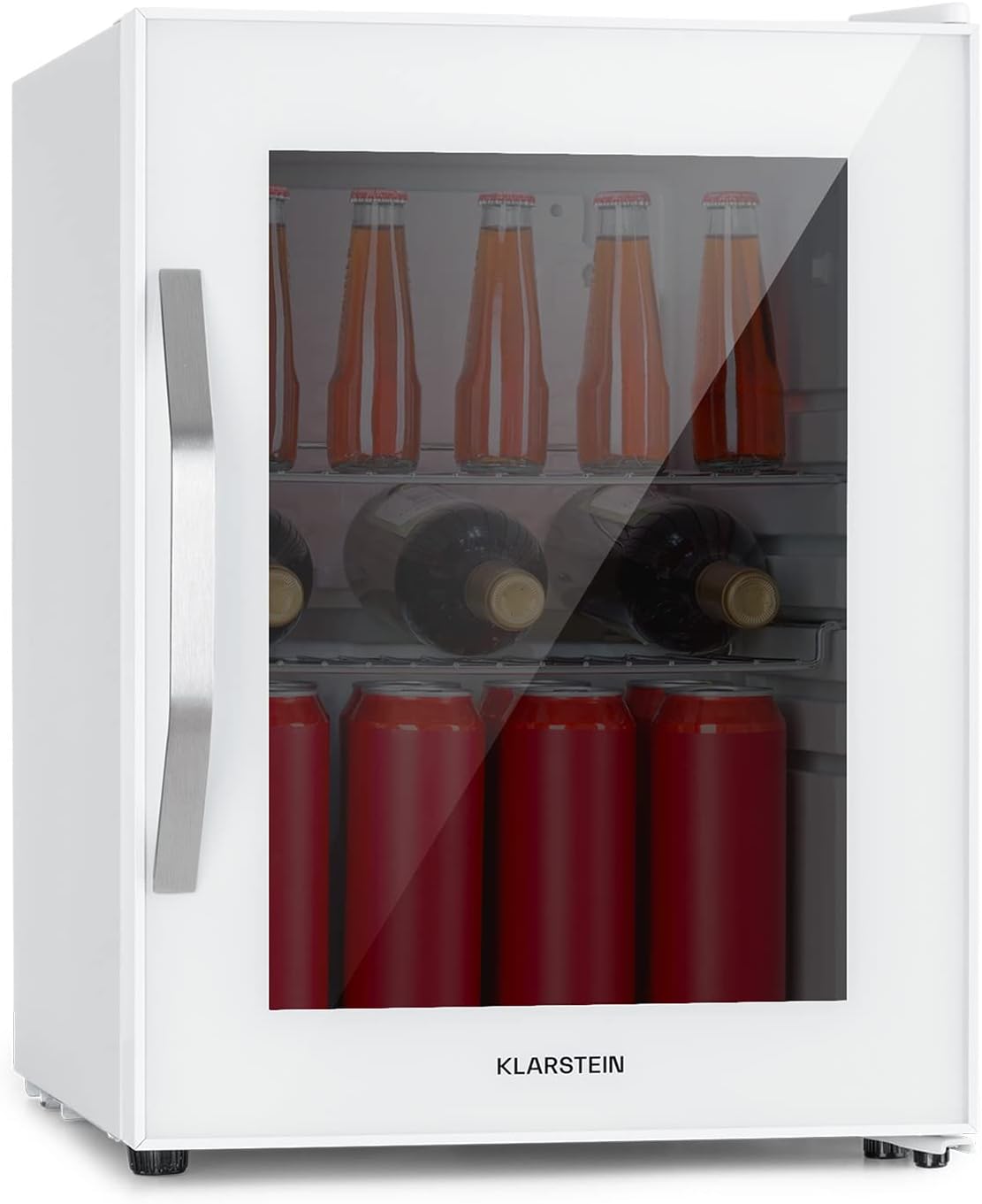 KLARSTEIN Mini Frigo Bar da Camera per Birra, Portatile, Piccolo da Ufficio, con Porta in Vetro, con Ripiani Rimovibili, 0-13°C, 60L