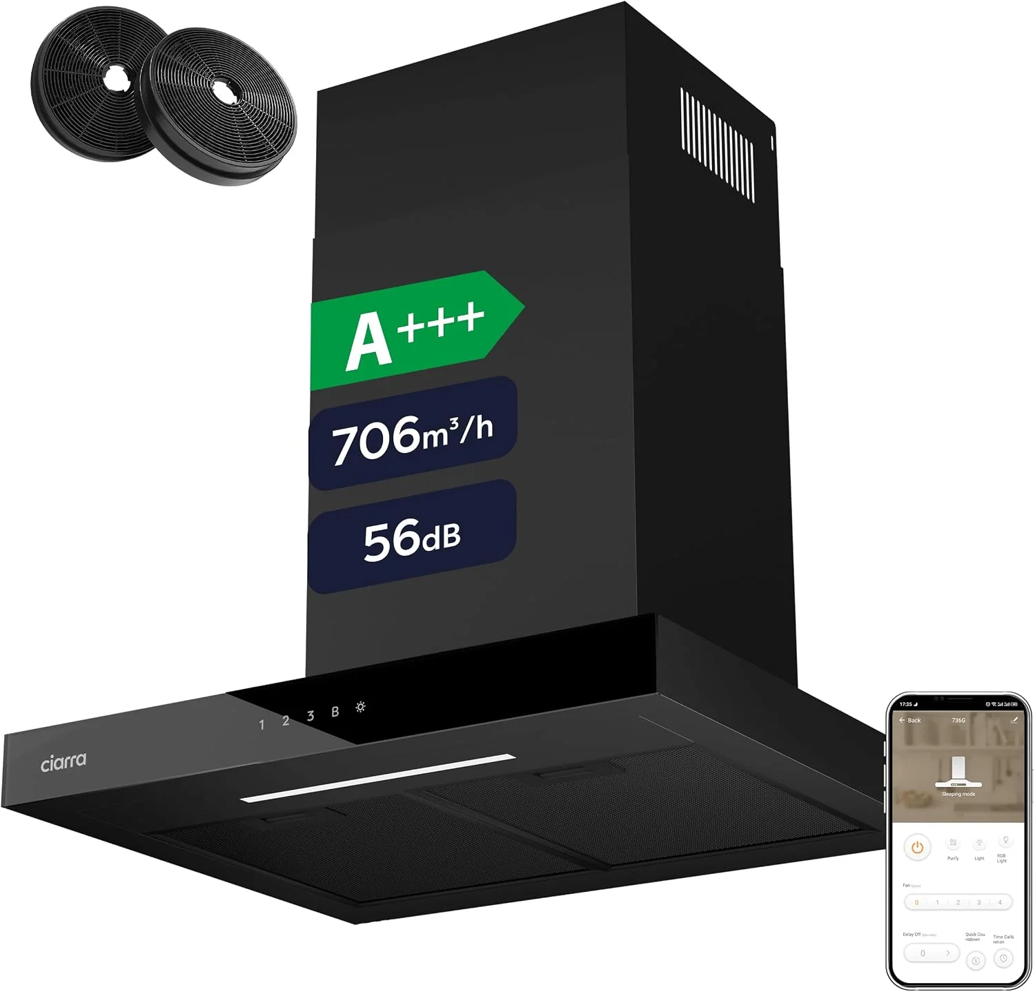 CIARRA CBCB6102 A+++ Dunstabzugshaube 60 cm 706 m³/h Wi-Fi App SensorTouch