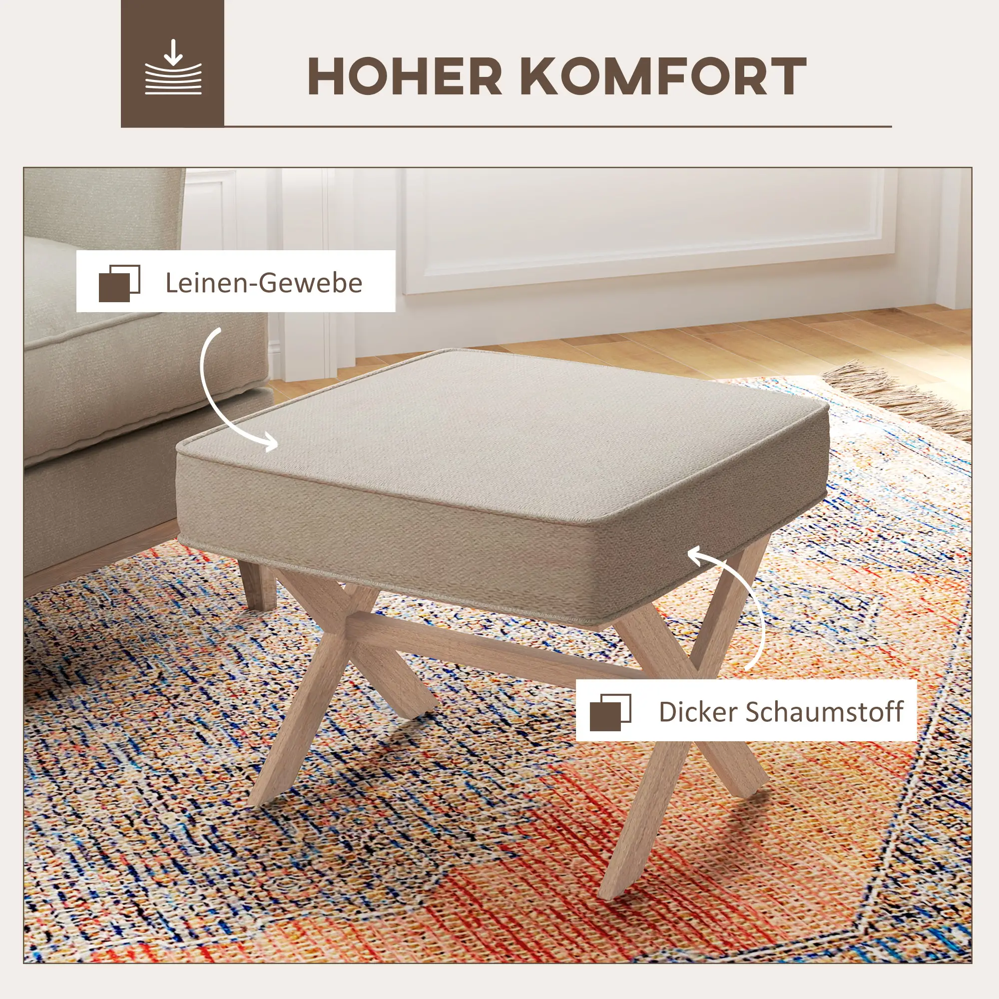 HOMCOM Sitzhocker mit Leinenoptik & Antirutschmatte – Cremeweiß