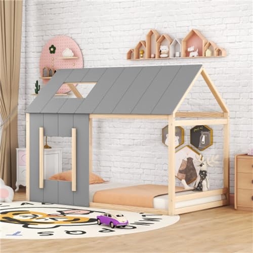 LAHTI Letto singolo per bambini, 90 x 200 cm, a forma di casa, con tetto e finestra, legno di pino e MDF, design aperto per decorazioni creative : Casa e cucina