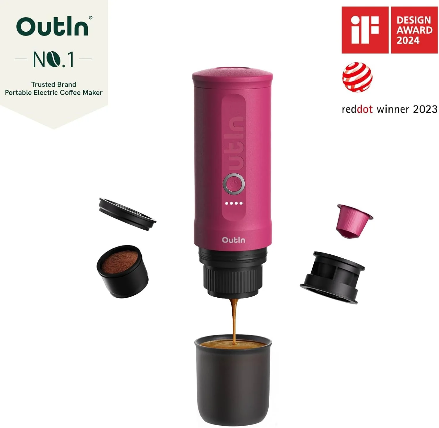 OutIn Nano Draagbare Espressomachine met Batterij, voor onderweg of camping, Koffiezetapparaat to go, met elektrische zelfverwarming via USB - C, 2 in 1 voor gemalen koffie en NS - capsules