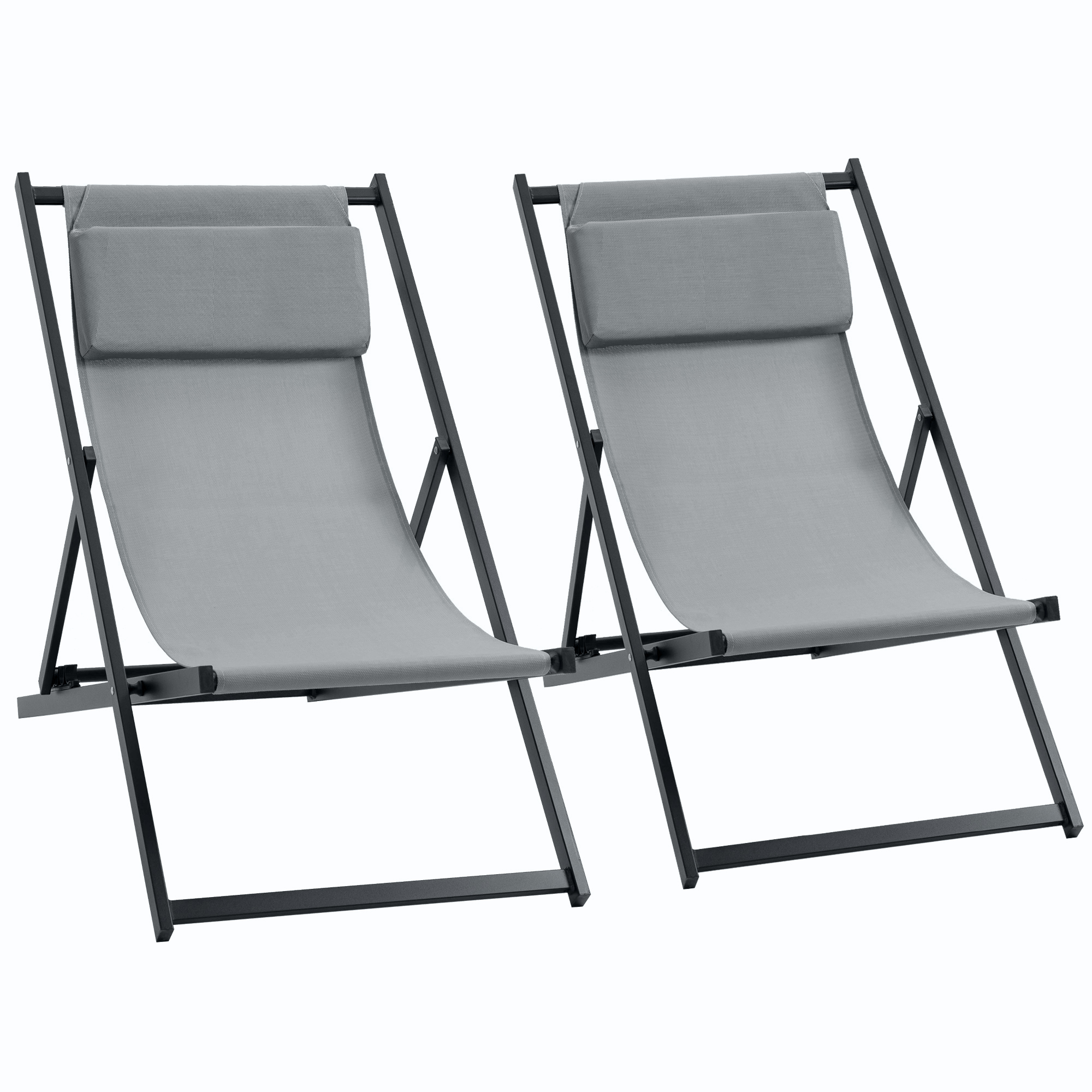 Outsunny Set mit 2 Sonnenliegen, klappbarer Liegestuhl mit Textilene-Kopfstütze verstellbar 60 x 100 x 85 cm Dunkelgrau