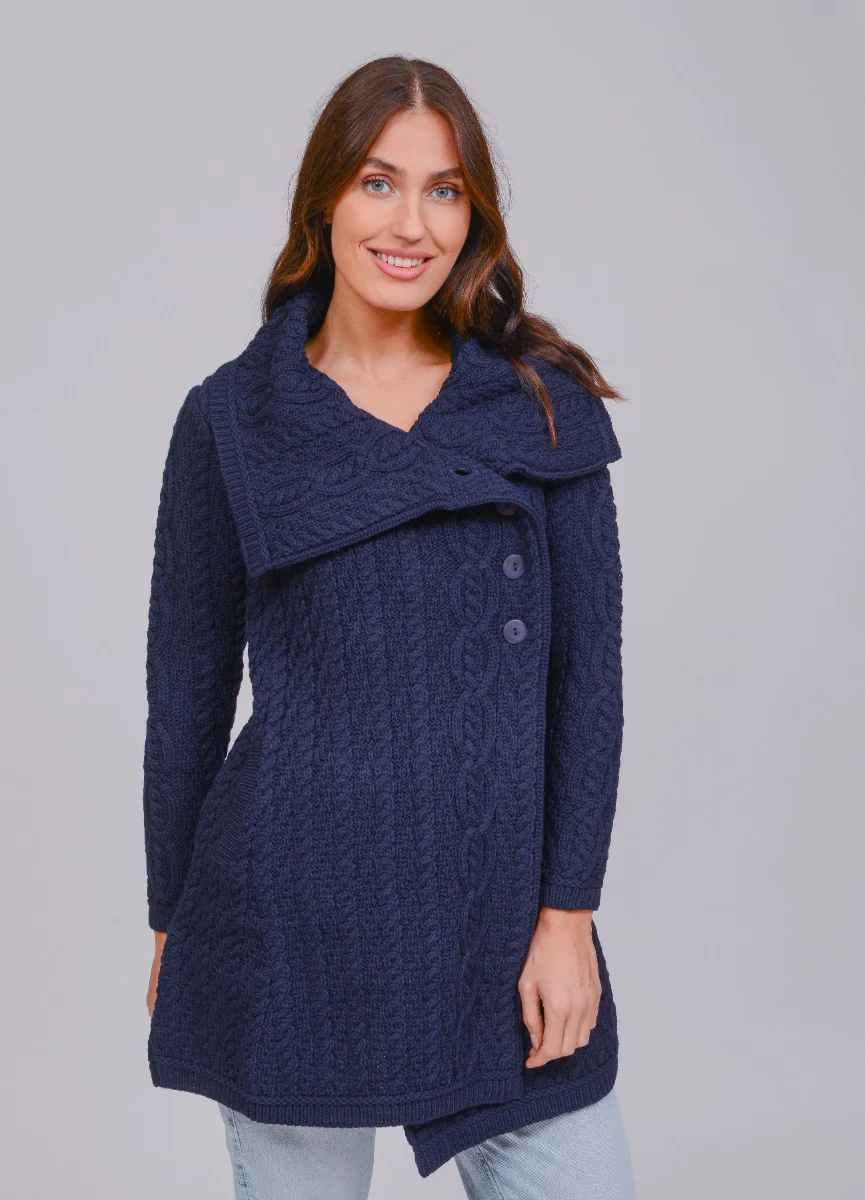 Chunky Collar Coat With Buttons , Navy