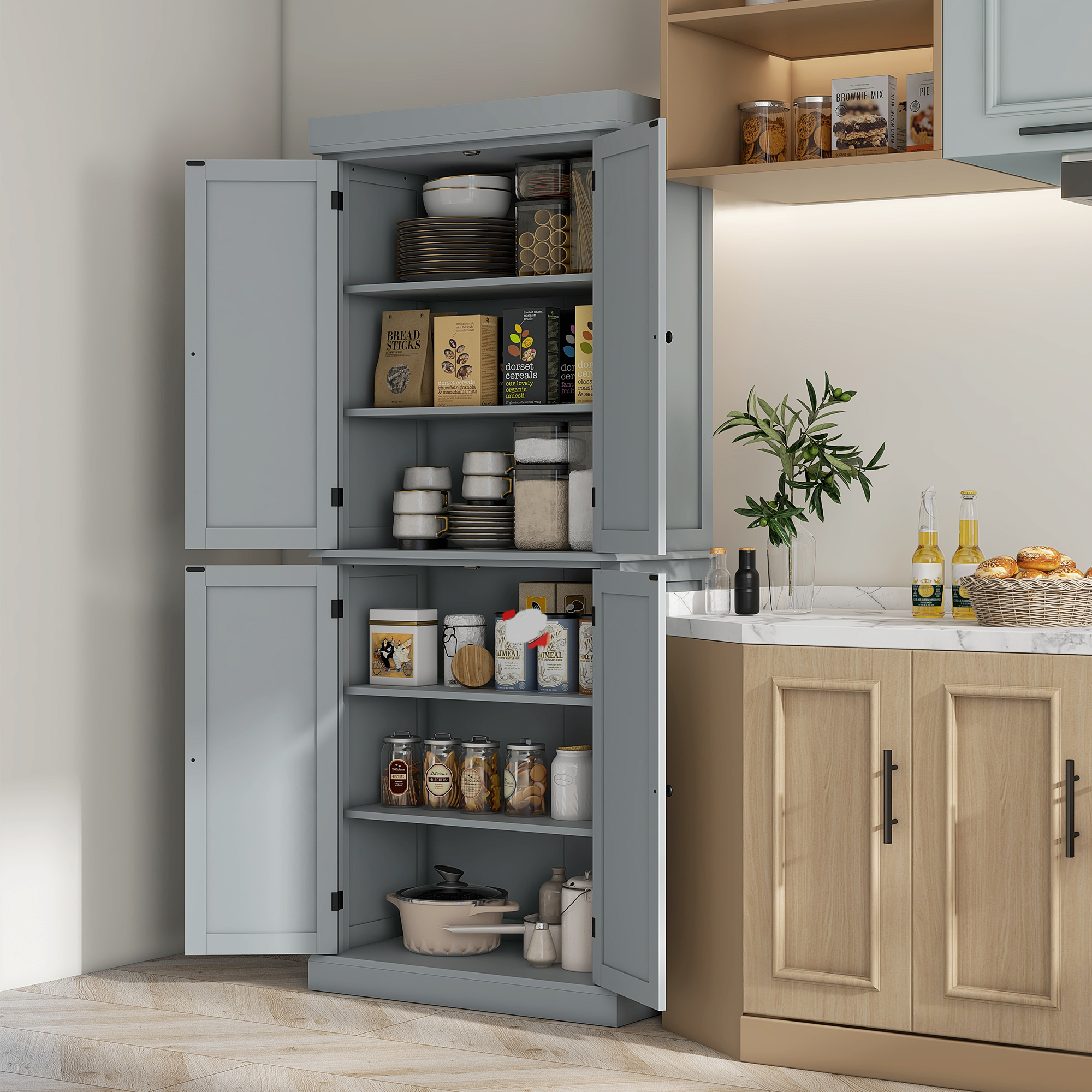 HOMCOM Küchenschrank Buffetschrank moderner Stil mit Schränken, verstellbaren Regalen, 76 x 40,5 x 184 cm, Grau