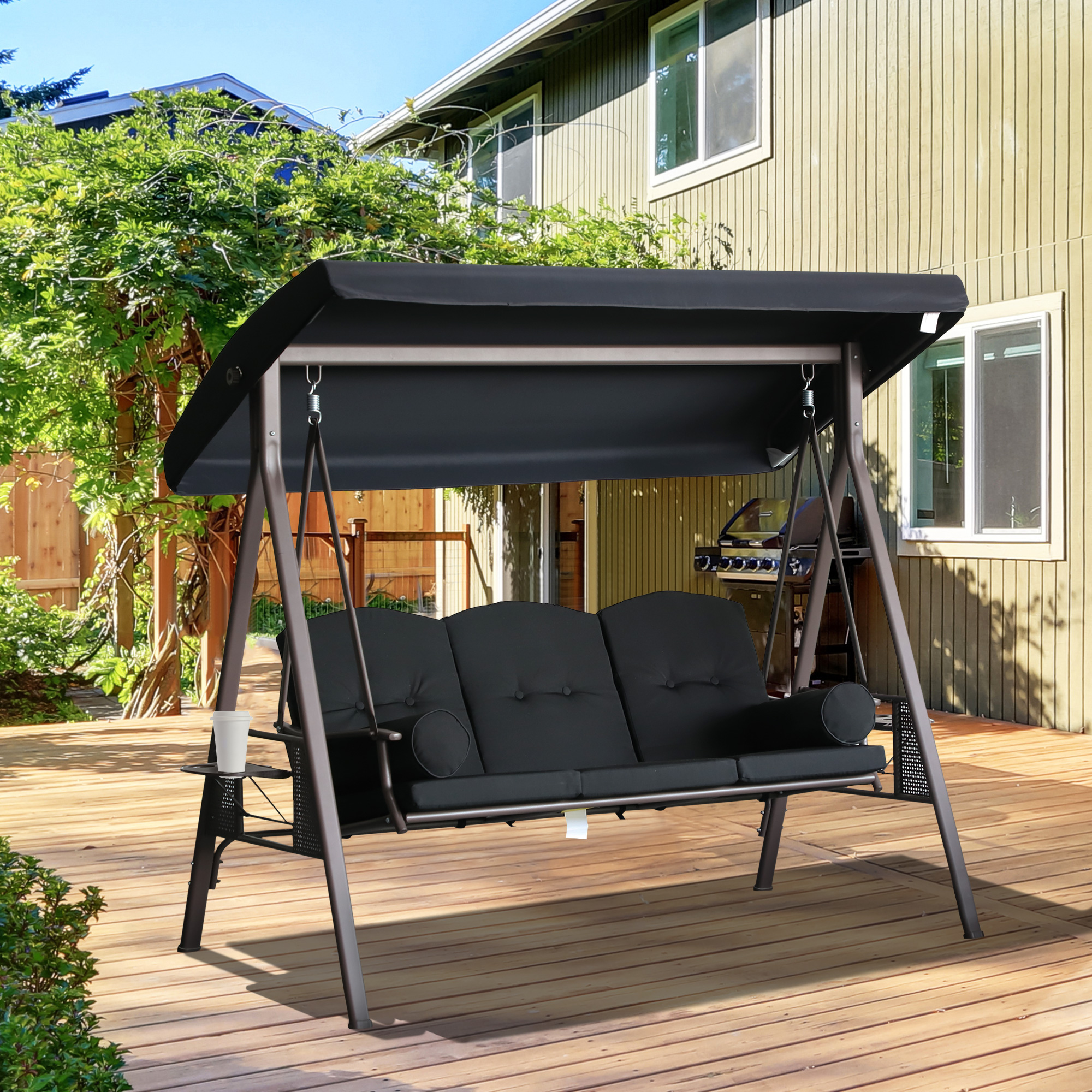 Outsunny Garten Hollywoodschaukel 3-Sitzer Grand Comfort Verstellbares Dach Kissen Ausziehbare Tabletts Spinnstoff-Polyester Schwarz