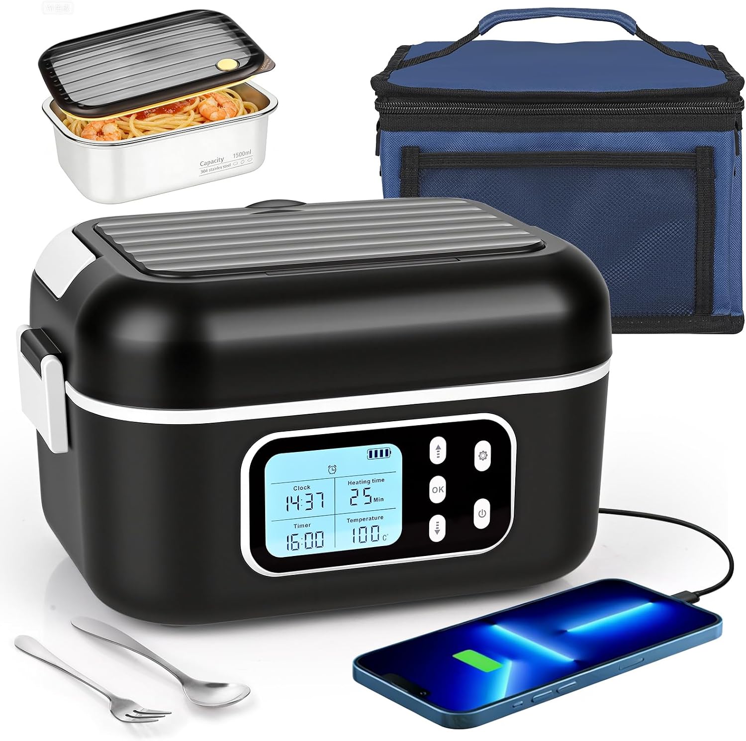 Dreamhigh 1.5L Scaldavivande Elettrico Portatile,Scaldavivande Portatile Con Batteria Ricaricabile 24000 mAh,Riscaldamento Temporizzato e Design Antiperdita per Auto e Lavoro (nero)