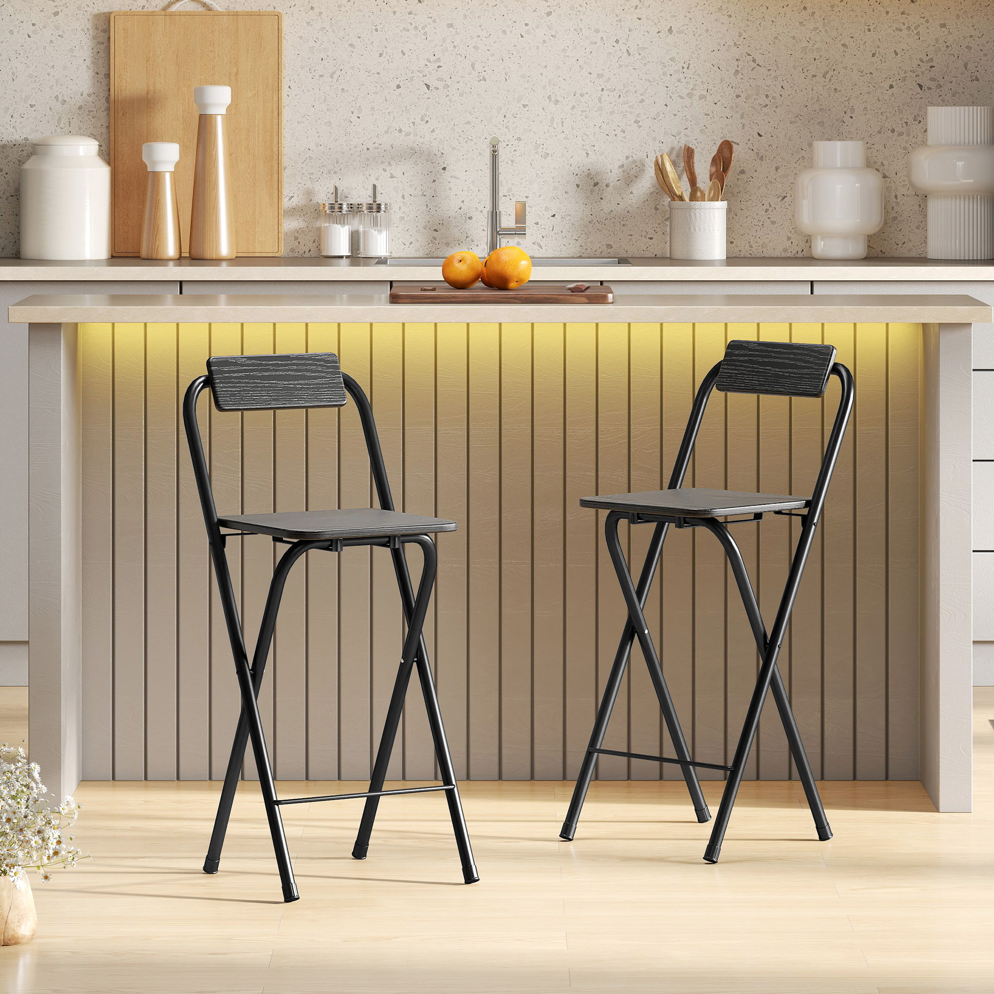 HOMCOM Set aus 2 klappbaren Barhockern mit Rückenlehne und Fußstütze, Stahlgestell, 87 cm hoch, schwarz