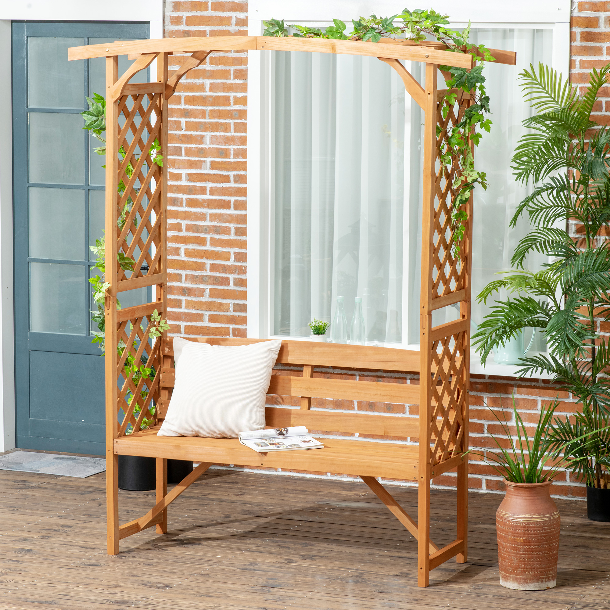 Outsunny Gartenbank aus Fichtenholz mit dekorativem Bogen für Pflanzen und Töpfe, 160x50x198 cm, Braun