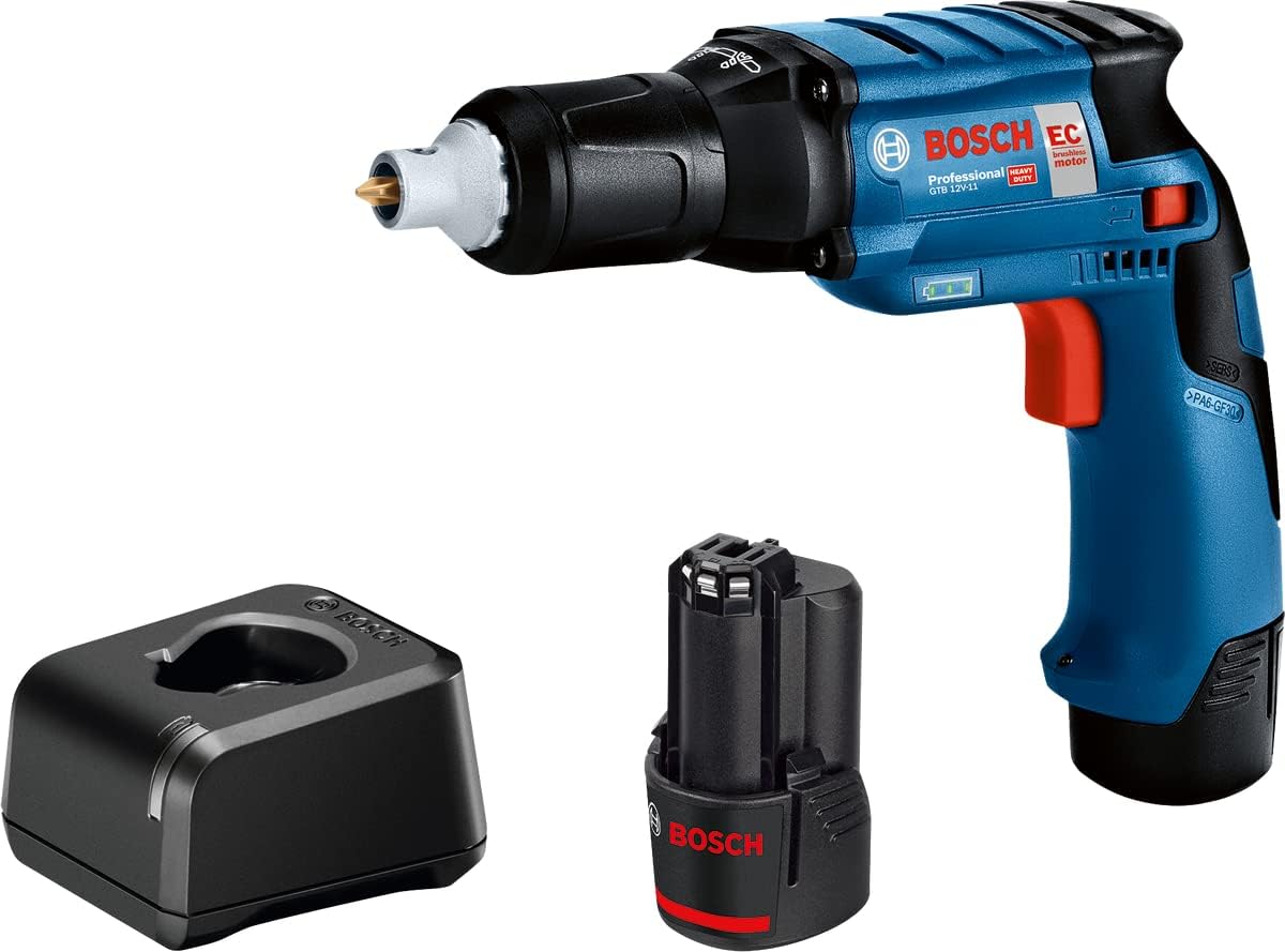 Bosch Professional Akkuschrauber, 2.0 Ah, 12 V, Blau/Schwarz/Rot, System Akku Trockenbauschrauber GTB -11 (inkl. 2x Akku GBA