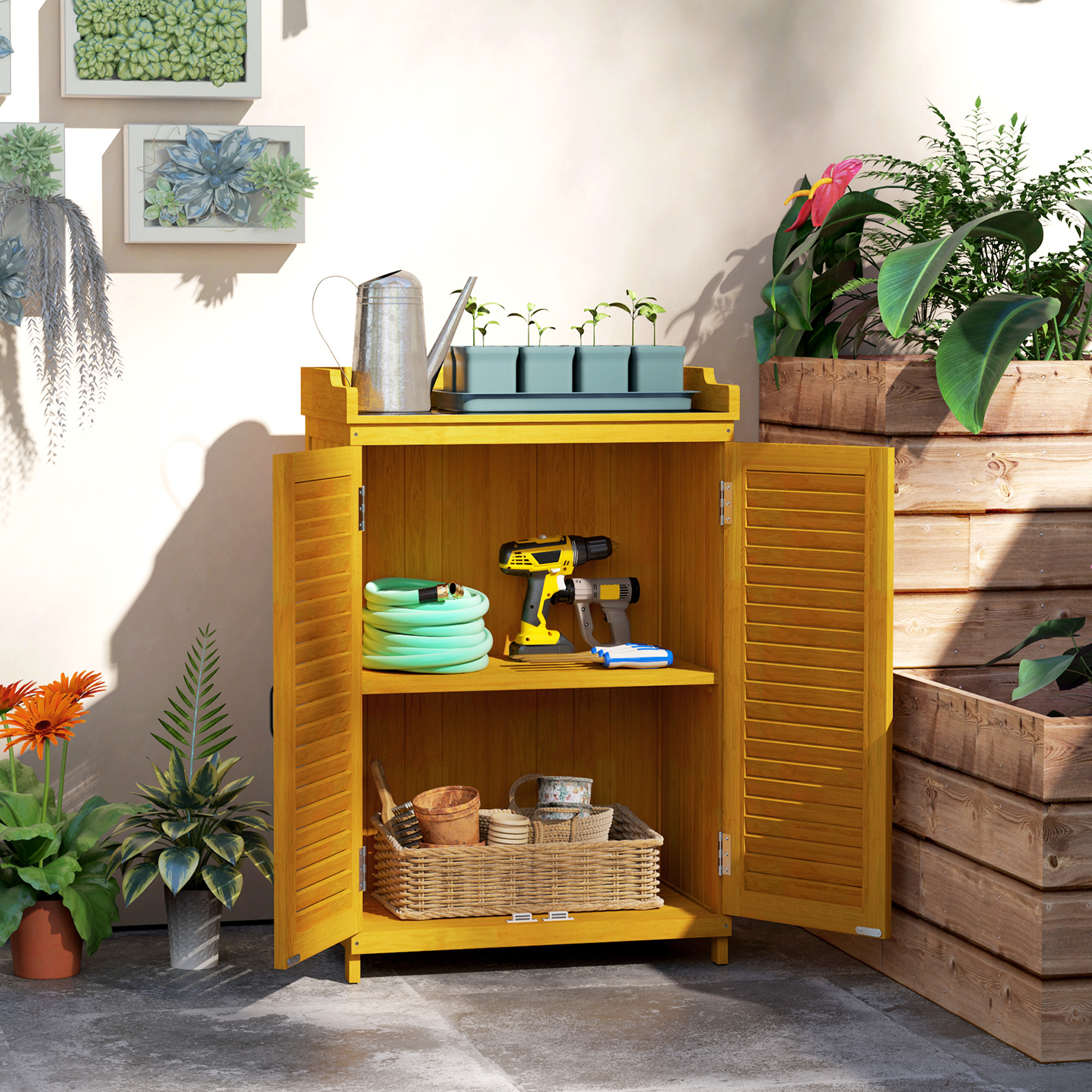 Outsunny Gartenschrank Holz, Geräteschuppen mit Arbeitsfläche, wetterfest Geräteschrank, 65,5x40x98,5cm Gelb