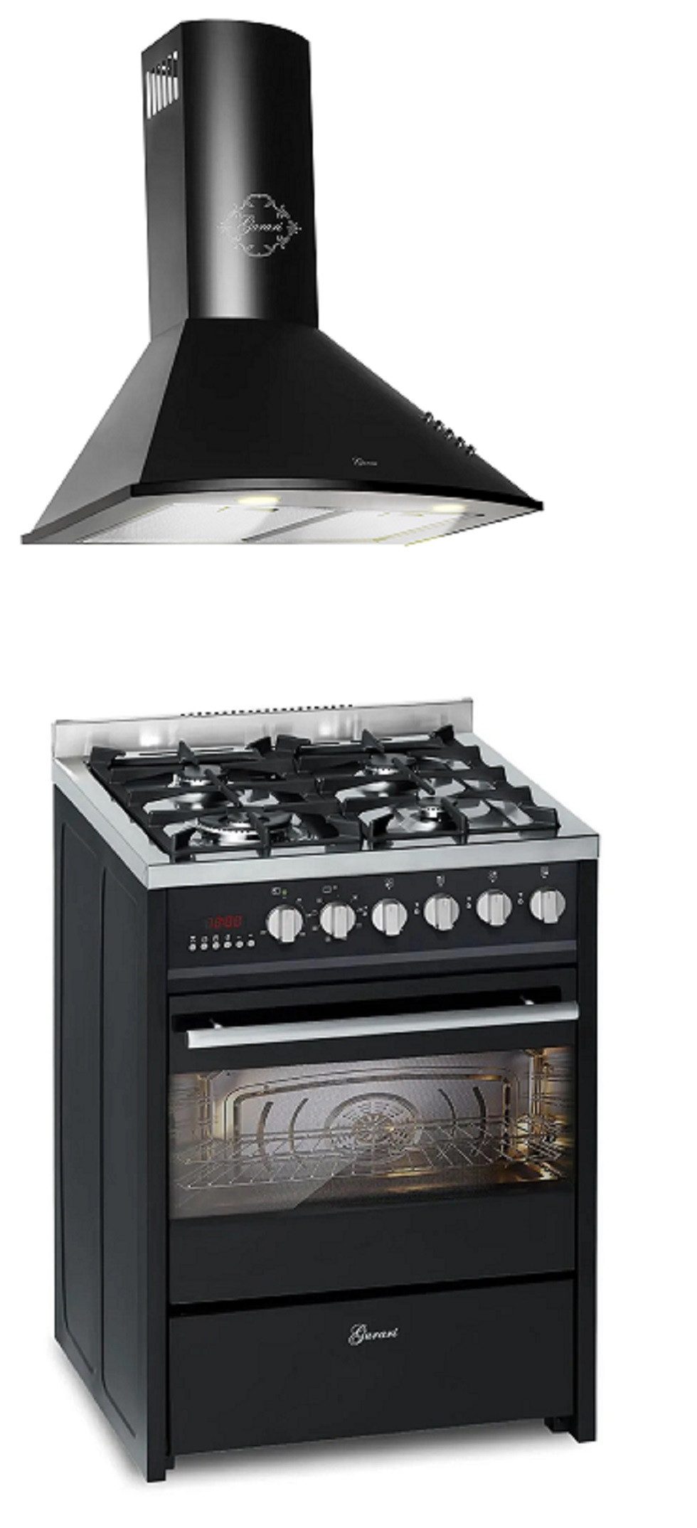 Gas-Standherd 60 cm Schwarze Gasherd mit Elektrobackofen 60 L, Erdgas/Propangas, 4 Kw, WOK, Range Coocker mit Dunstabzugshaube 60 cm, Schwarz, Saugstark 1000m³/h, 3 Stufen GCH E 610 BL+GCH 046 BL 6