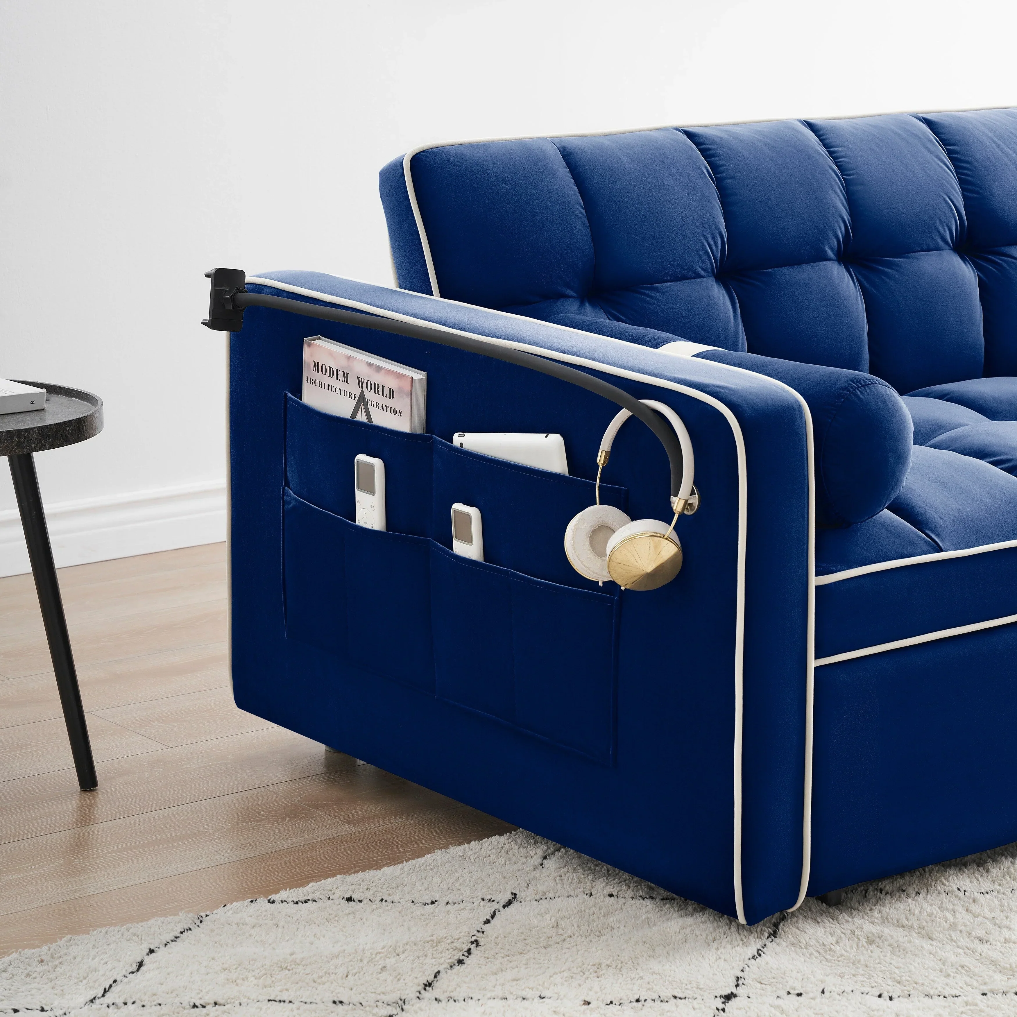 Velvet Convertible 55'' 2-Seater Sleeper Sofa with Pull-Out Bed, Adjustable Recline, Side Pockets, and Phone Holder