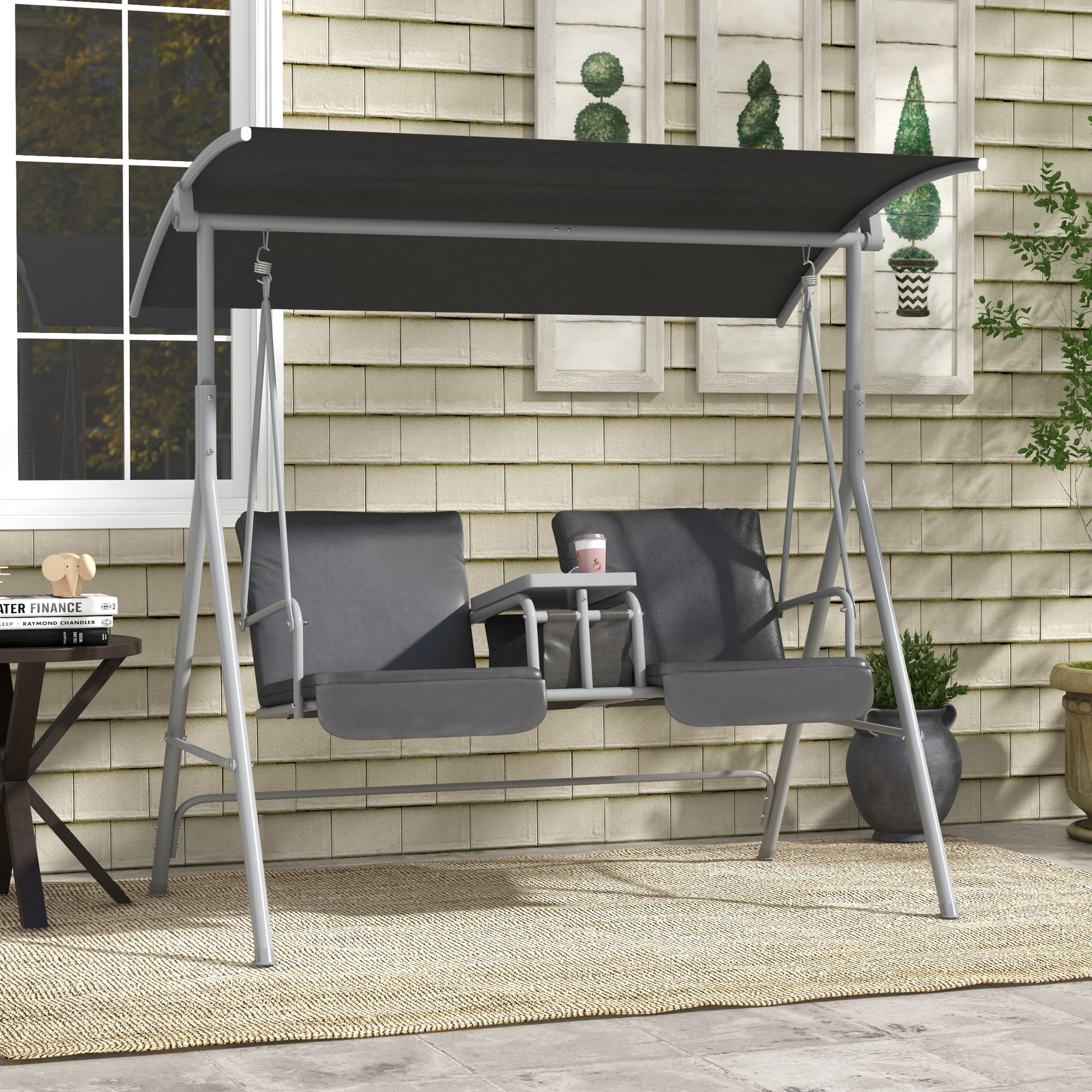 Outsunny Hollywoodschaukel, 2-Sitzer, mit Dach und Tisch, Metallrahmen, bis 180 kg, 175x110x165 cm, Schwarz