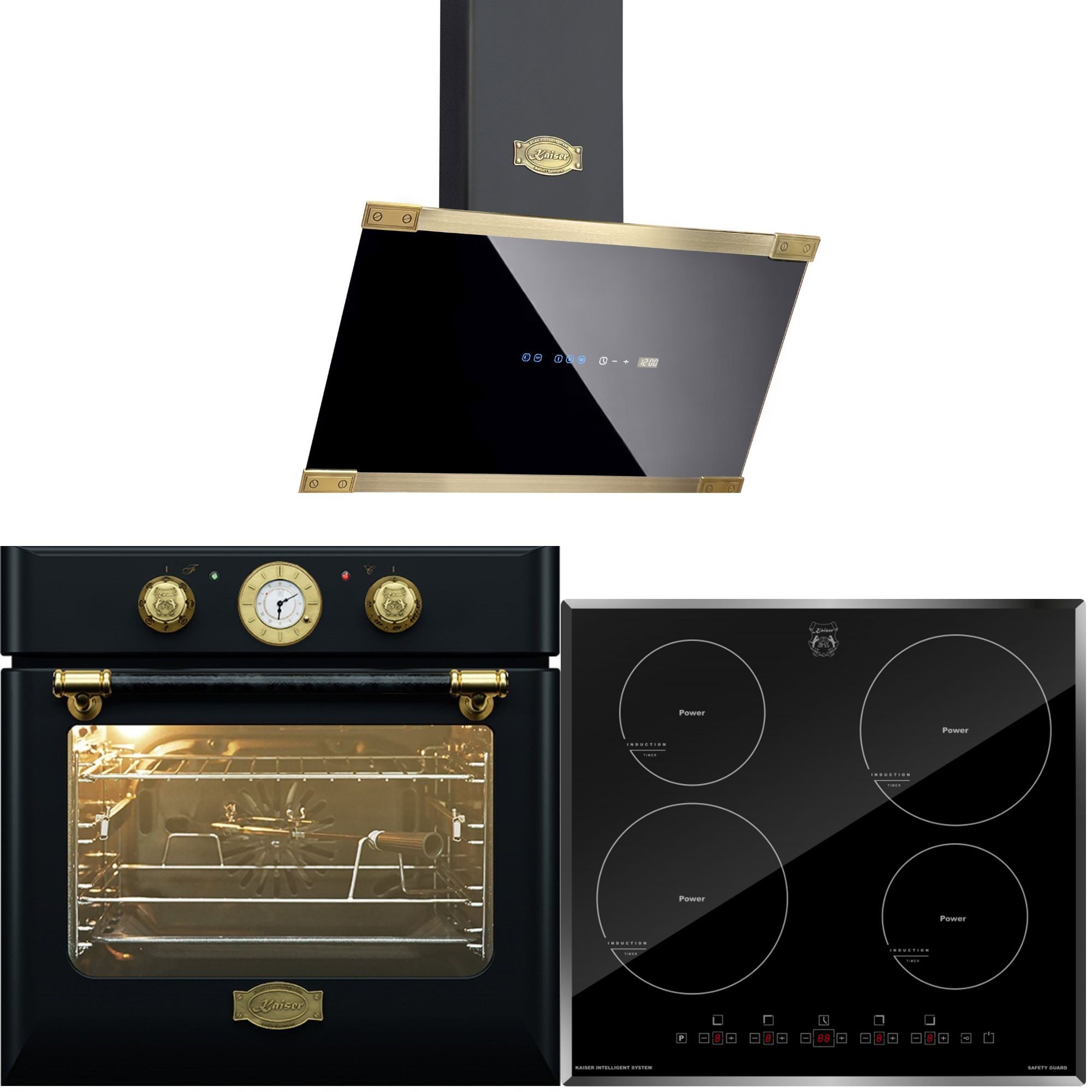 Backofen-Set Herd Set Autark Retro Einbau Backofen Elektro, Autark, 68 L, Drehspieß, 10 Funktionen+ Induktionskochfeld 60 cm, Autark,Facettenschliff+ Dunstabzugshaube 60 cm, in Edelstahl Schwarz Glas 1250 m³/h EH 6432 BE+ KCT 6105 FI+AT 6445 AD ECO