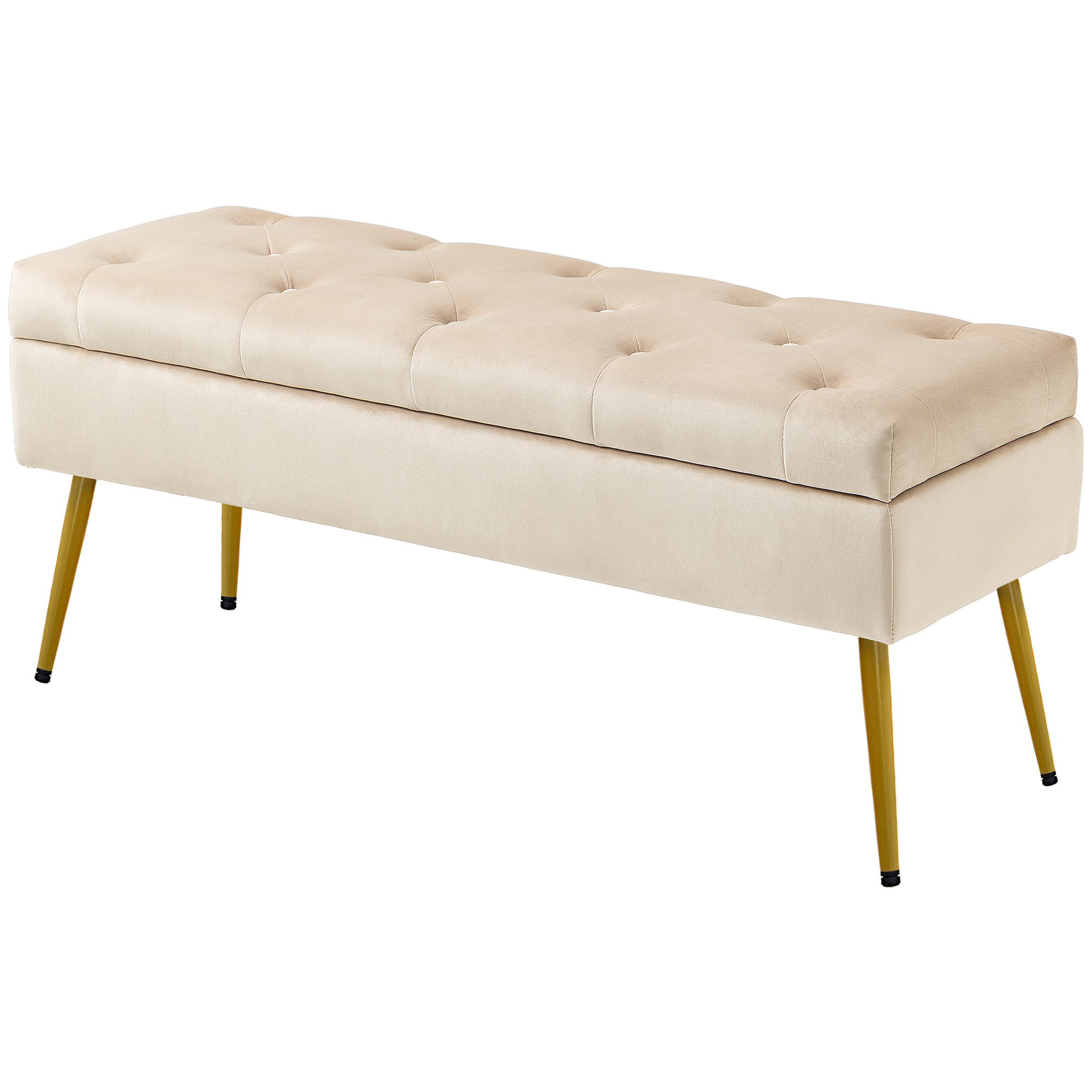 HOMCOM Stauraum-Sitzbank in Samtoptik, gepolsterter Fußhocker mit getuftetem Design, Metallrahmen, 102 x 35 x 43 cm, Beige