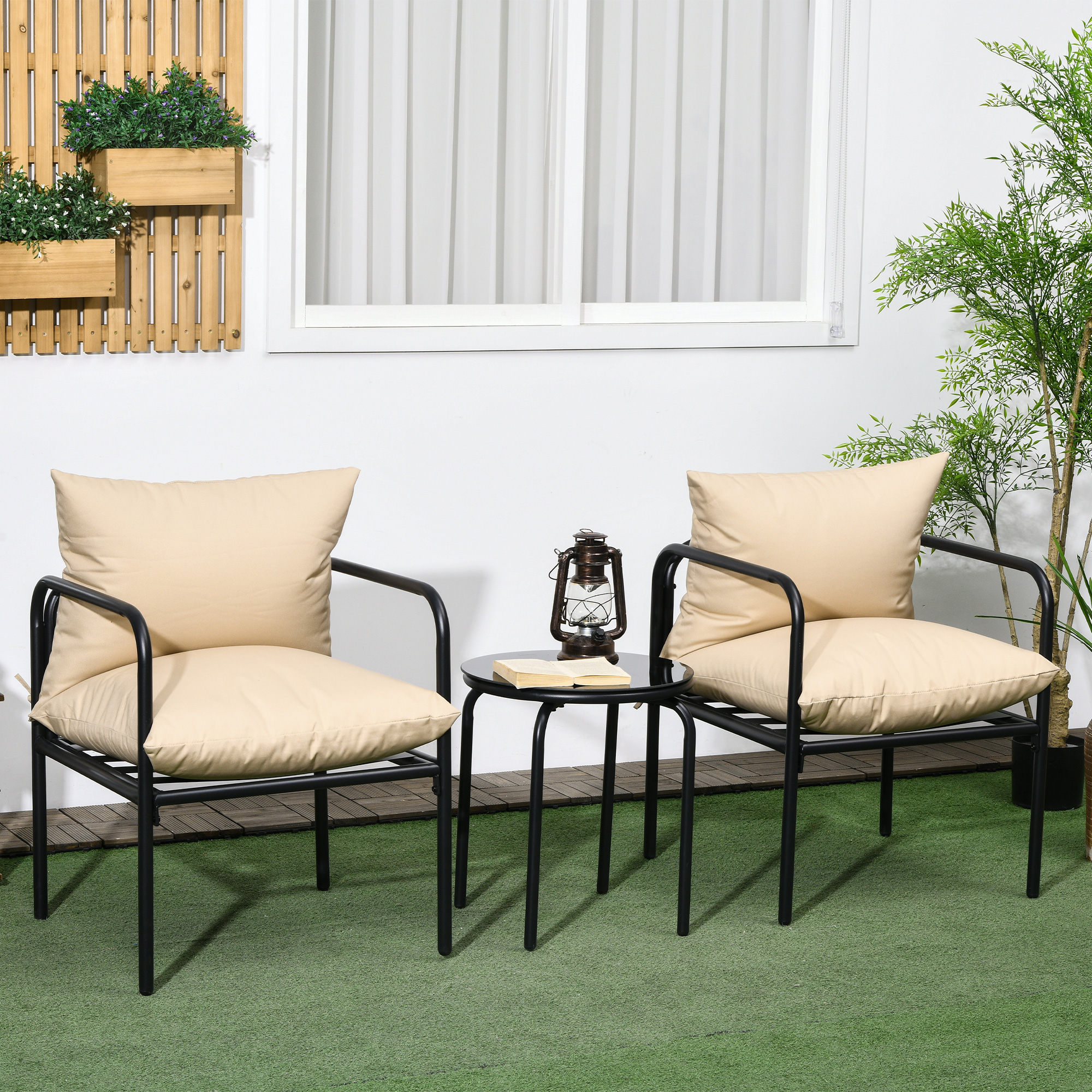 Outsunny Outdoor Sitzgruppe, 3-teilig, 2 Stühle, Tisch mit Glasplatte, Sitzkissen, Metallgestell, Beige