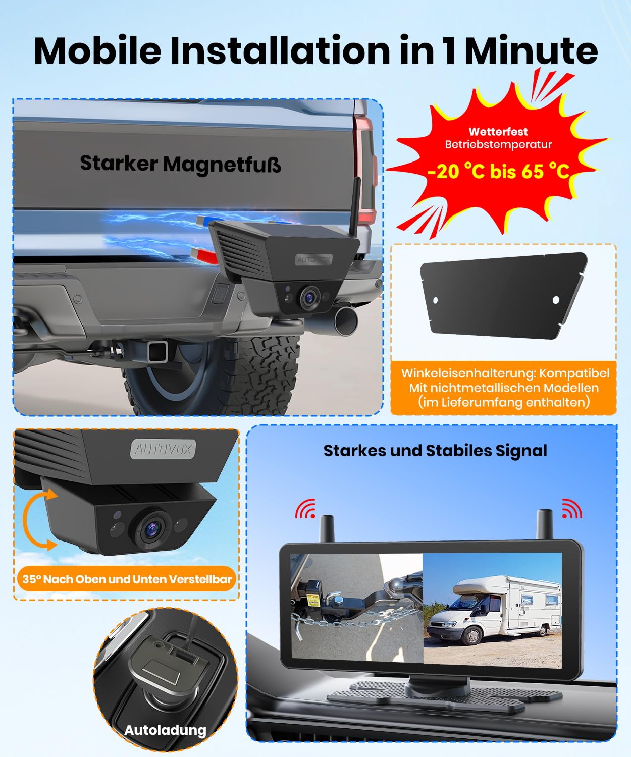 Magnetische Solar-Rückfahrkamera kabellos mit 7-Zoll-Monitor, 130° Weitwinkel und DVR-Aufnahme