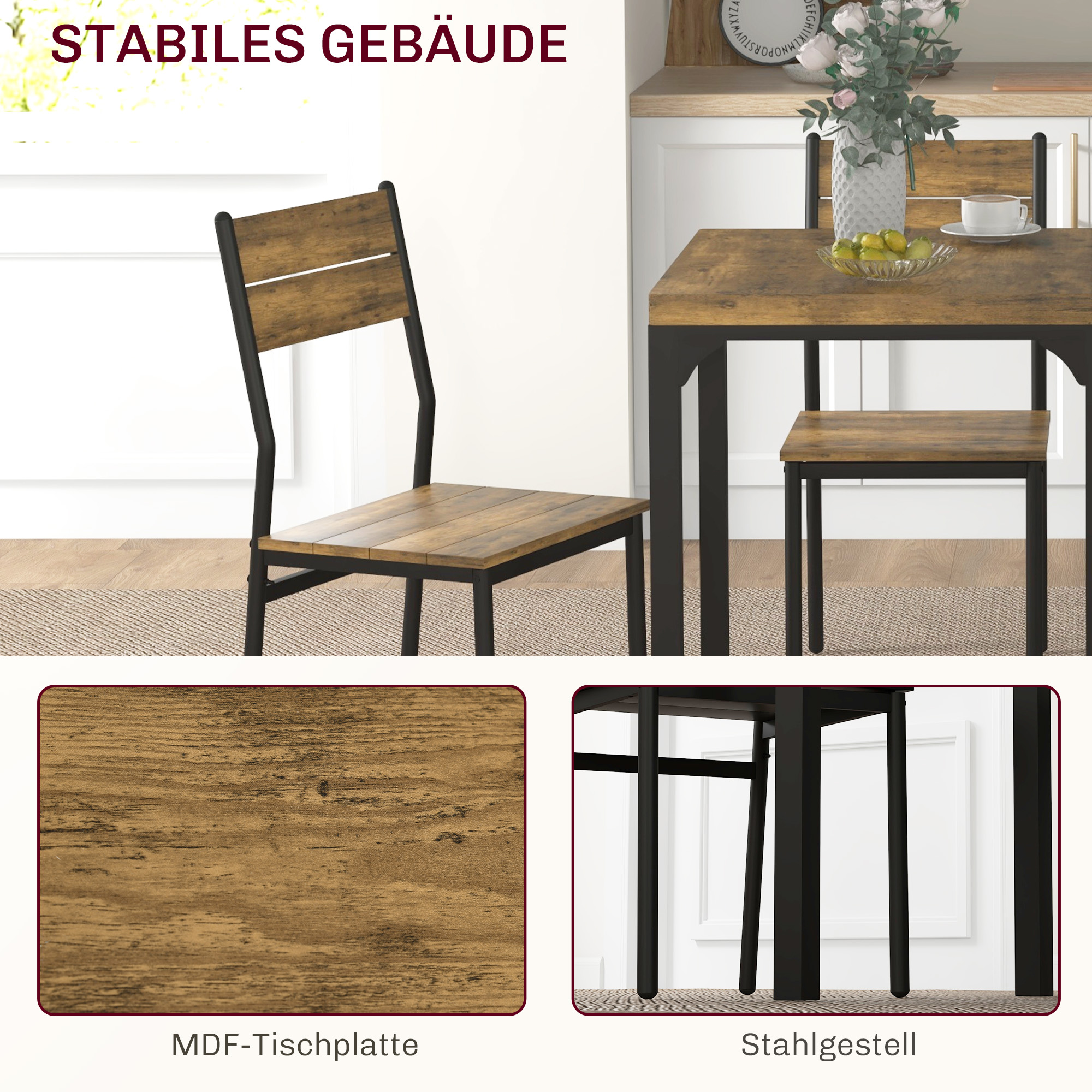3-delige Eethoek, Esstafel-Set, 1 Tafel, 2 Stoelen, MDF+Metaal, Bruin