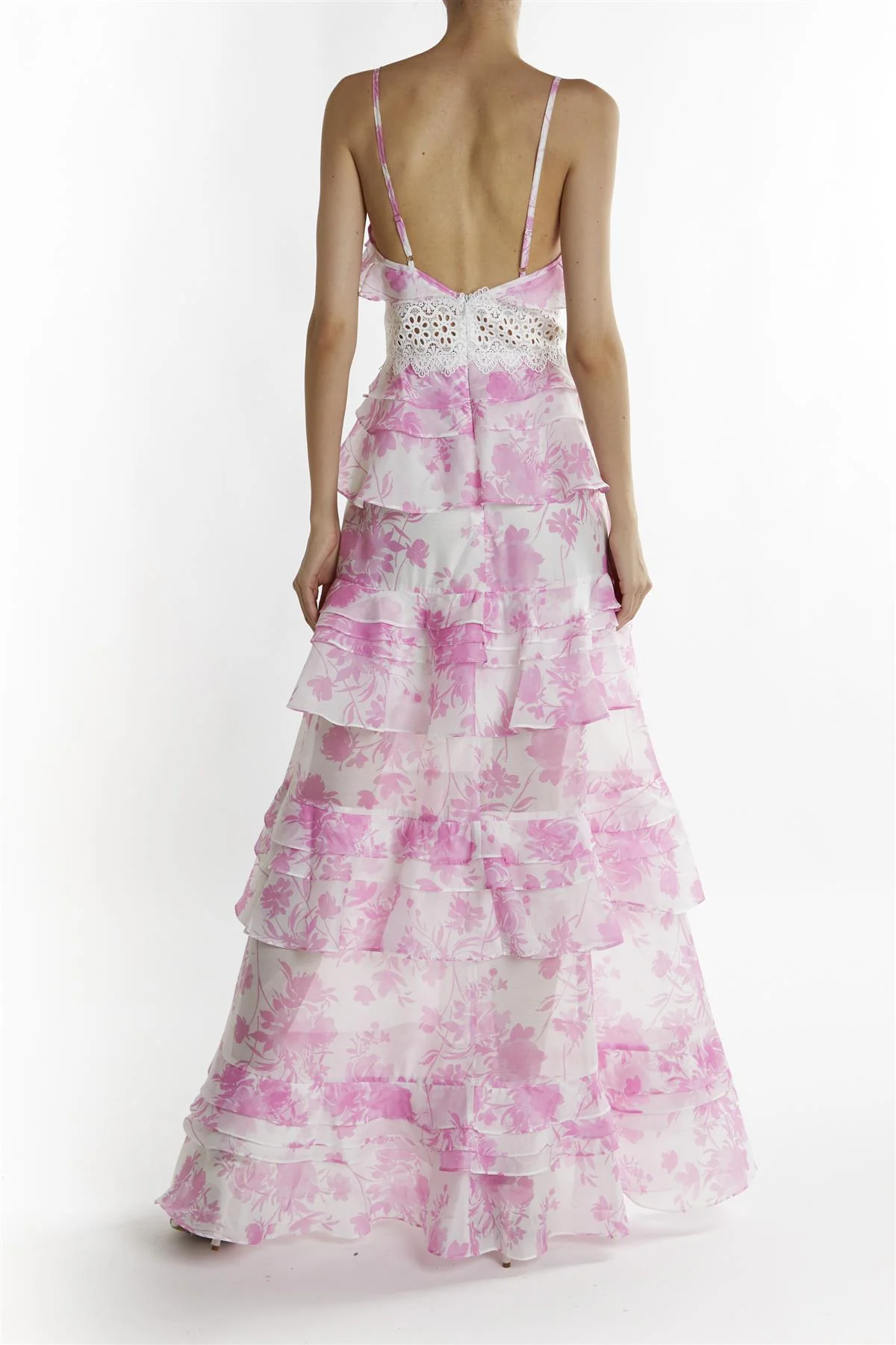 Mila Candy Pink Floral V-Neck Layered Ruffle Strappy Maxi Dress
