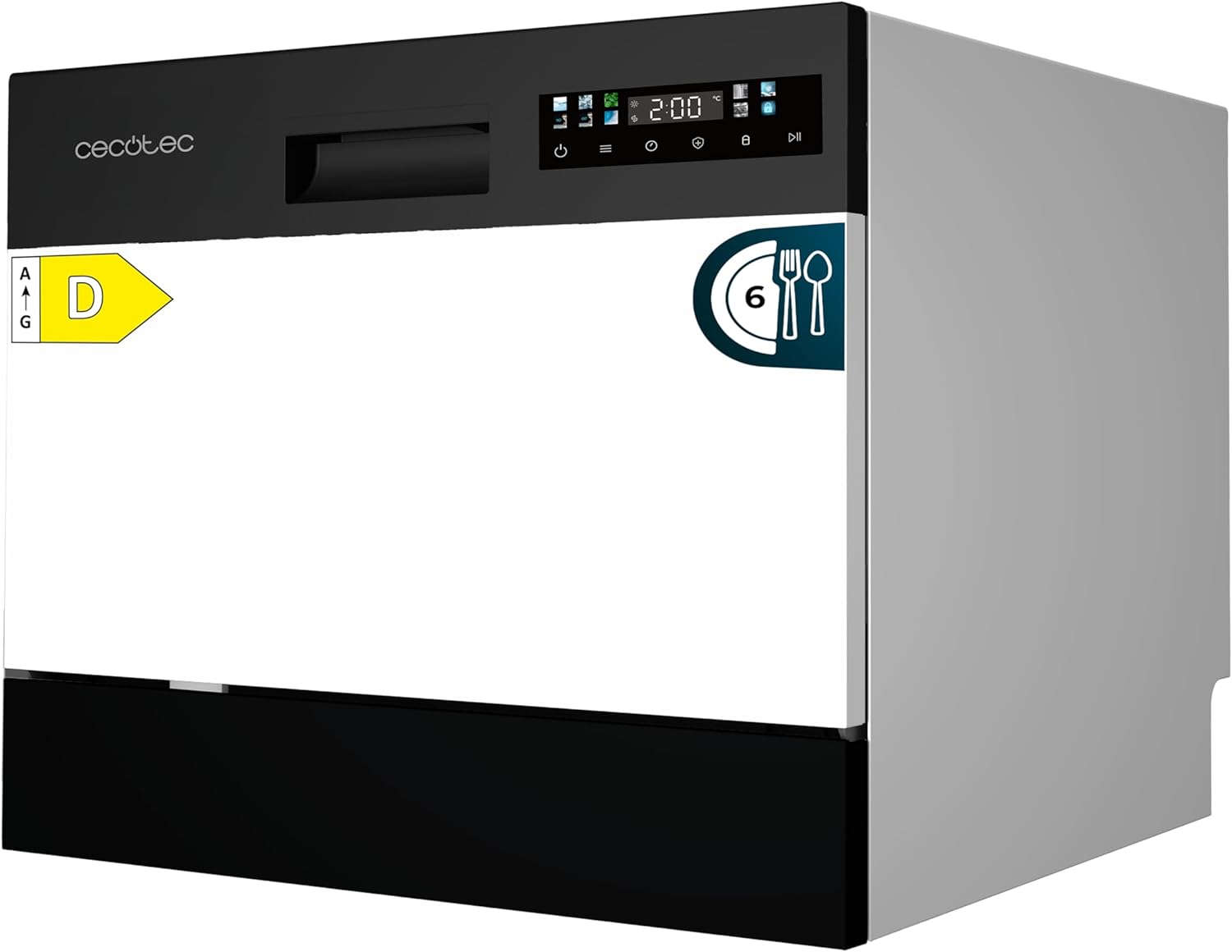 Cecotec Compact Dishwasher Free Installation 6 Bolero Aguazero 2300 Dark Cutlery, 6 Cutlery, 8 Programs, Class D, Colour Touch Panel, Delay Start, Pre-Wash Function, Dry+, Germ Shield