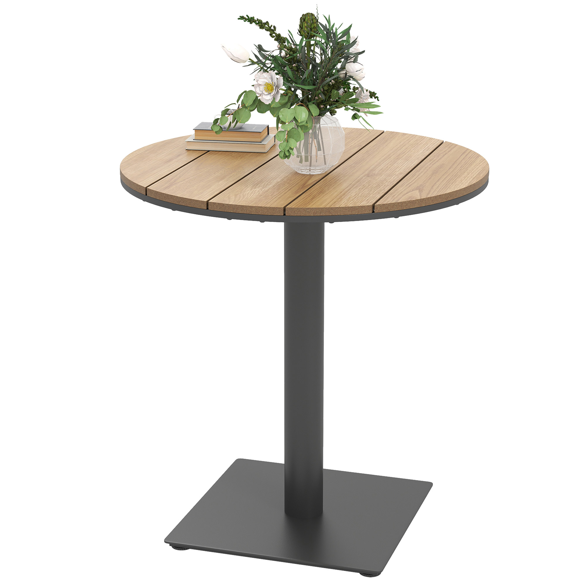 Tuintafel ?70 cm, Weerbestendige Ronde Balkontafel met Lamellenontwerp, Staal ?70 x 74H cm Natuurlijk Hout