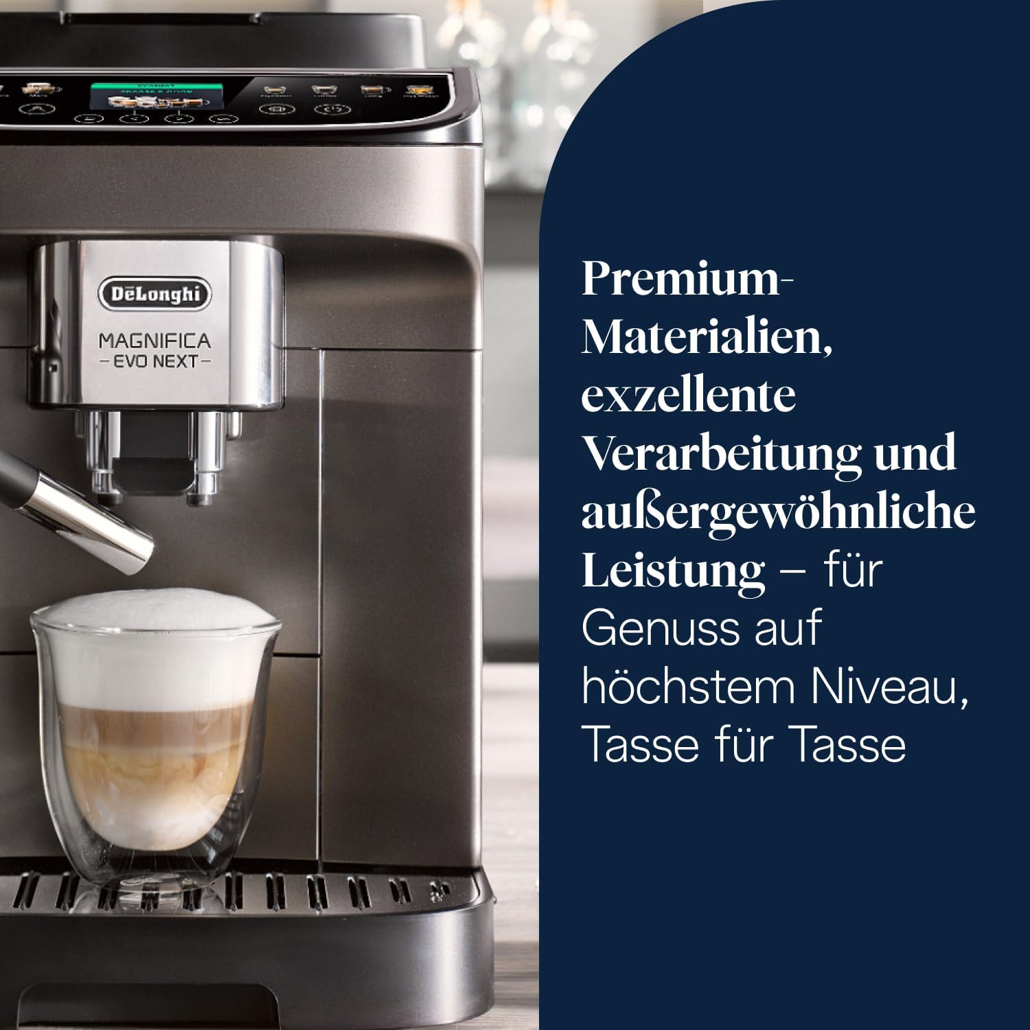 De’Longhi Magnifica Evo Next - Perfetto Kaffeevollautomat mit LatteCrema-Milchaufschäumer, 13 One-Touch-Getränke, Coffee- und Cappuccino Kaffeemaschine, farbiges Touch-Display, Titan (ECAM312.80.TB)