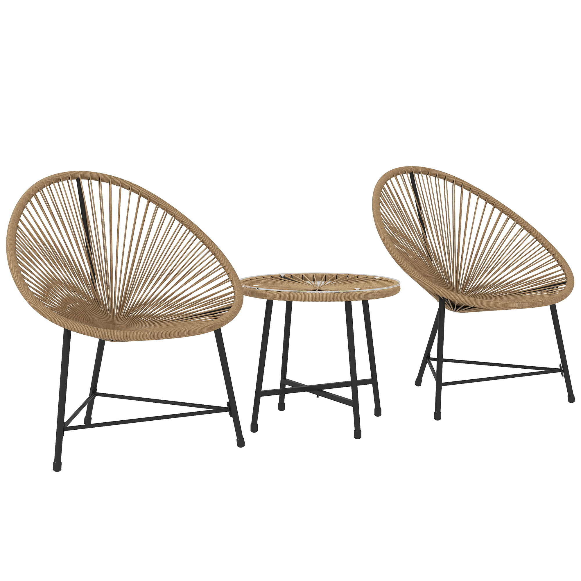 Outsunny 3-teiliges Gartenmöbel-Set, 2 Kunststoffrattan-Stühle, 1 Tisch mit Glasplatte, Stahlrahmen, Outdoor-Sitzmöbel, Hellbraun