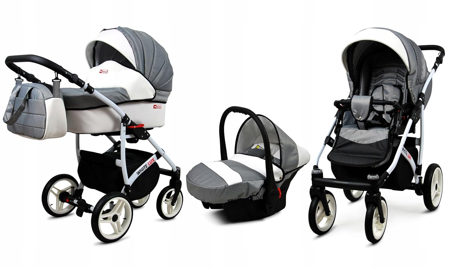 BabyLux® Bambimo Kinderwagen Set 3 in 1 - White Lux - incl. Babywanne, Buggy Sportsitz, Auto-Babyschale - Autositz - Kinderwagenset - Kombikinderwagen mit Wickeltasche, Regenschutz usw.