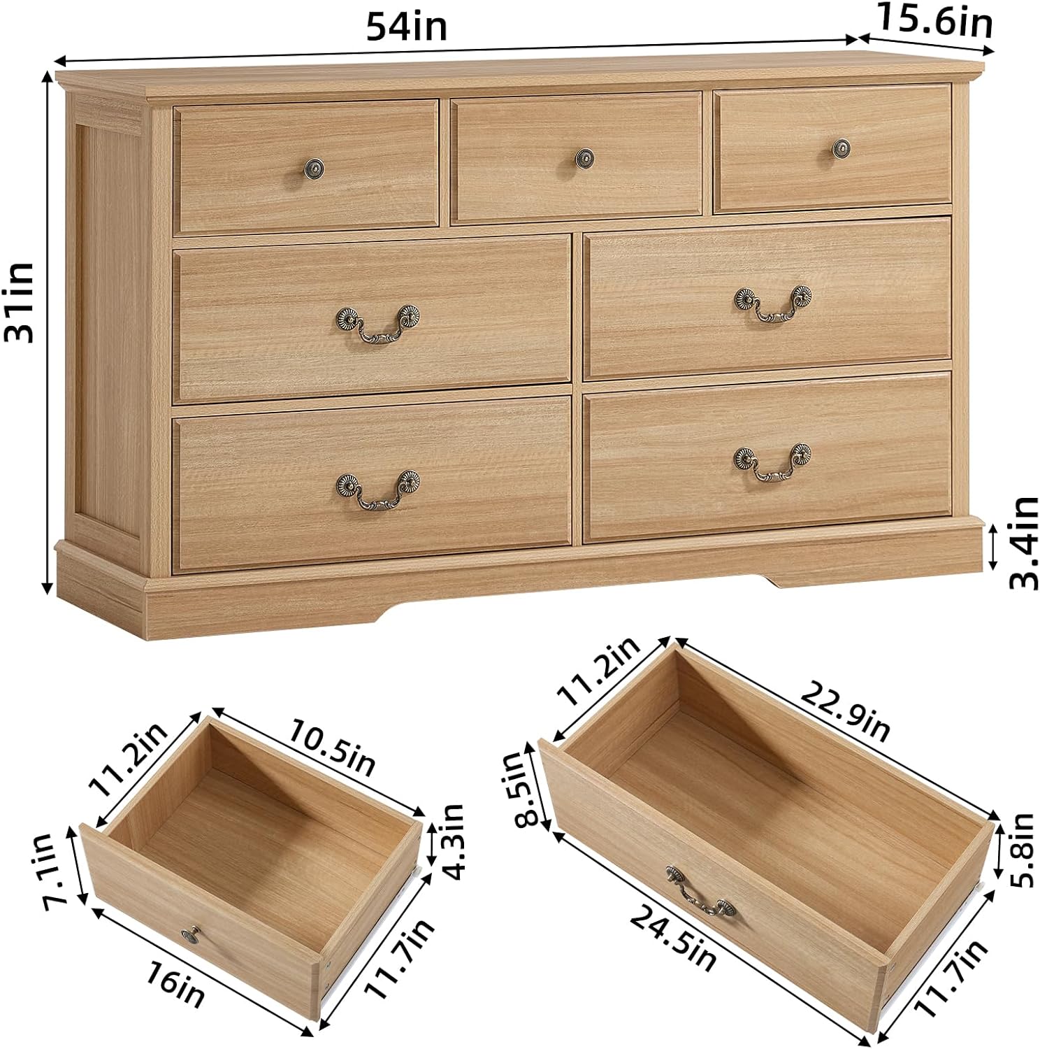 Farmhouse 7 Drawer Dresser for Bedroom,57