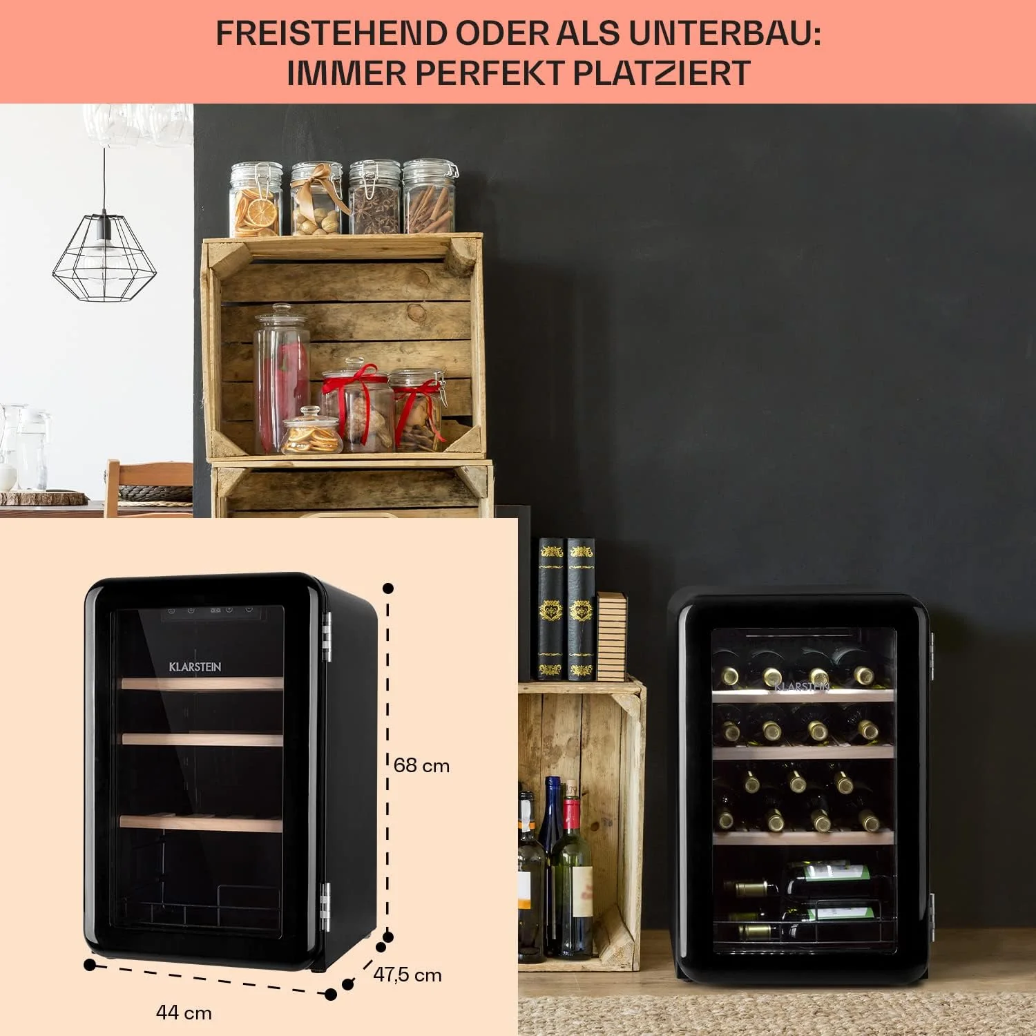 Klarstein Weink��hlschrank, Getr?nkek��hlschrank Schmal, K��hlschrank mit Glast��r, Getr?nkek��hlschr?nke Freistehend, Weink��hlschrank Klein, Weink��hlschr?nke 1 Zone, UV-Schutz, 4-22 ��C, 19 Flaschen