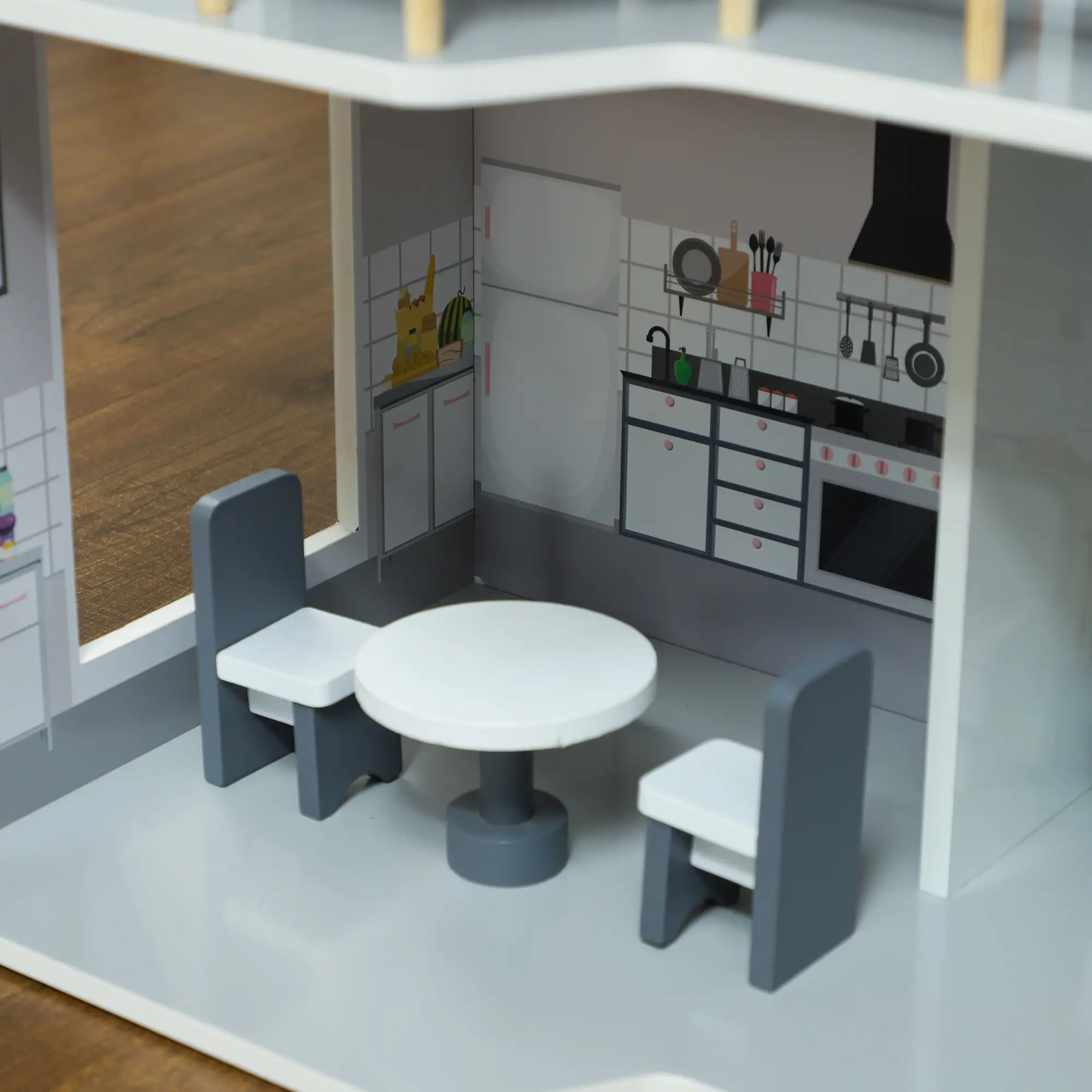 AIYAPLAY Houten poppenhuis 3 verdiepingen met 13 meubels open spel
