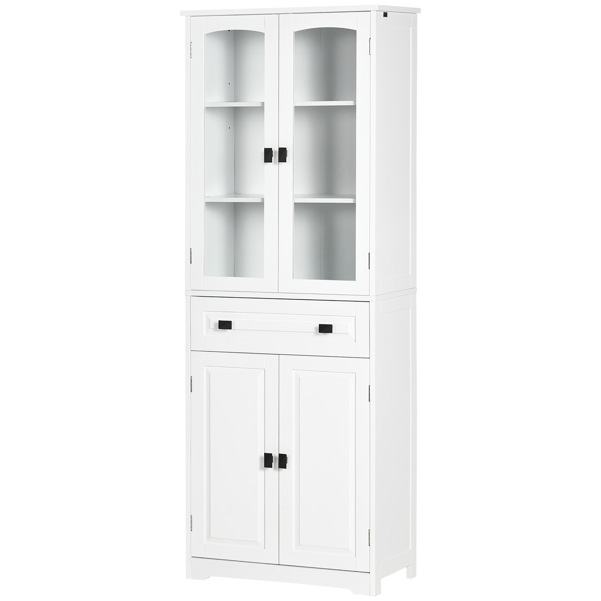 HOMCOM Hochschrank Küchenschrank 4 Türen davon 2 Glastüren und 1 Schublade Höhe 160 cm mit Regalen aus Holz Weiß