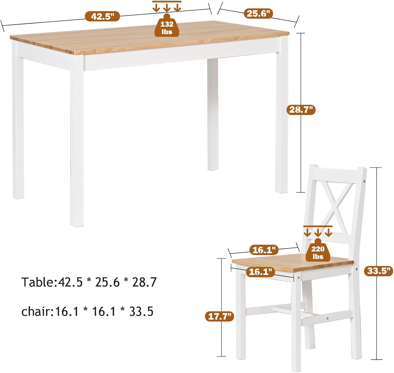 DlandHome Set di 5 pezzi tavolo da pranzo con 4 sedie, set di mobili da cucina in legno di pino teak/bianco