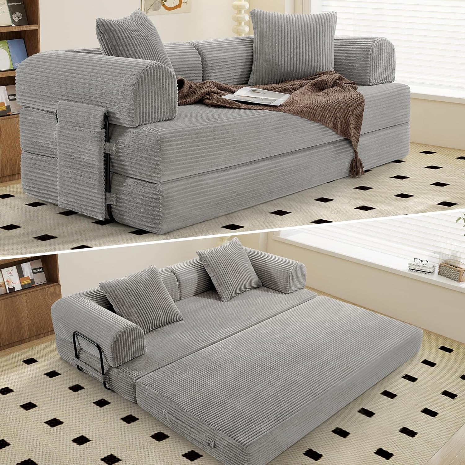 Convertible Coarser Corduroy Sleeper Sofa Bed with Cylindrical Pillow